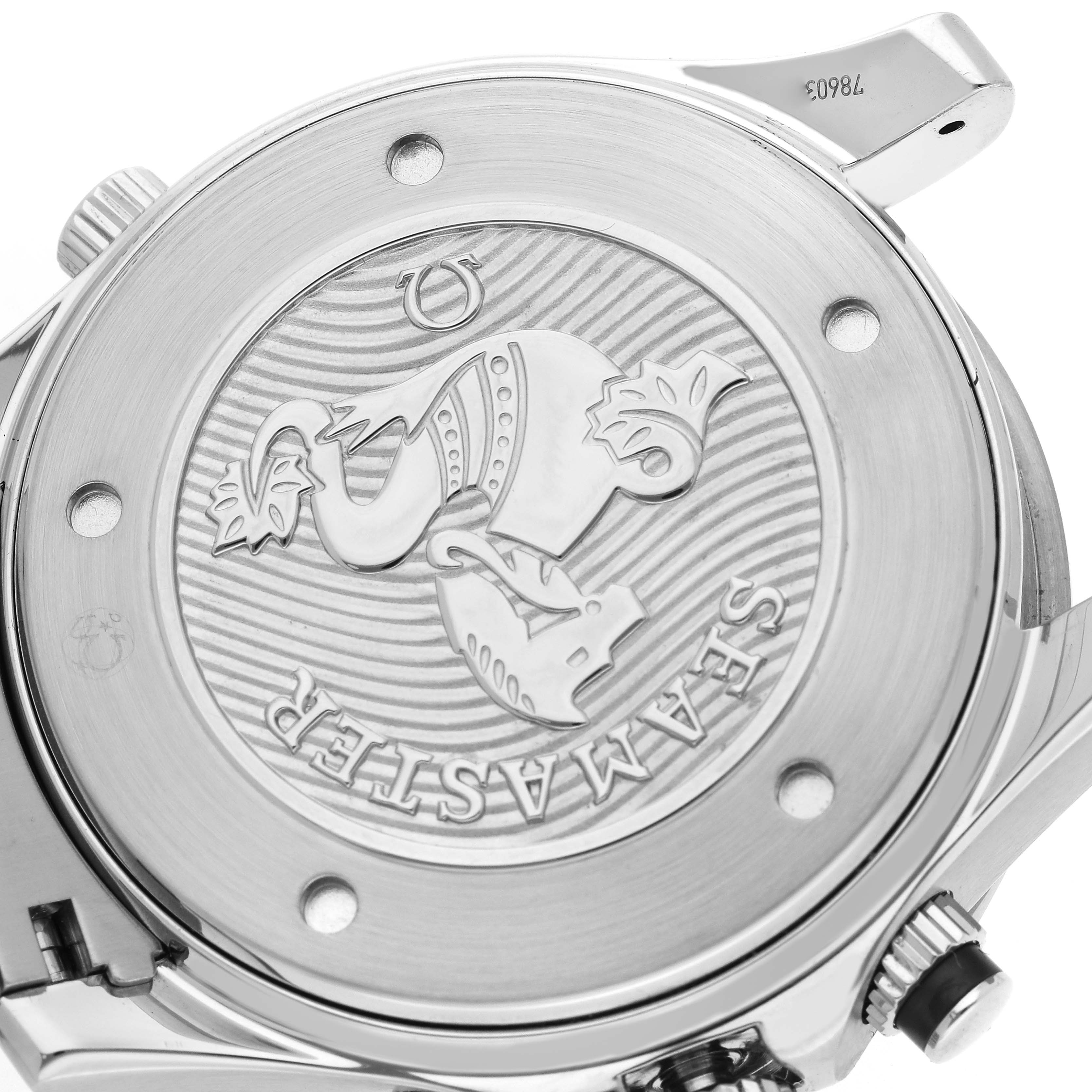 The image shows the back of an Omega Seamaster 212.30.44.52.01.001 Men's Stainless Steel Black Dial watch, highlighting its engraved design and case detailing.