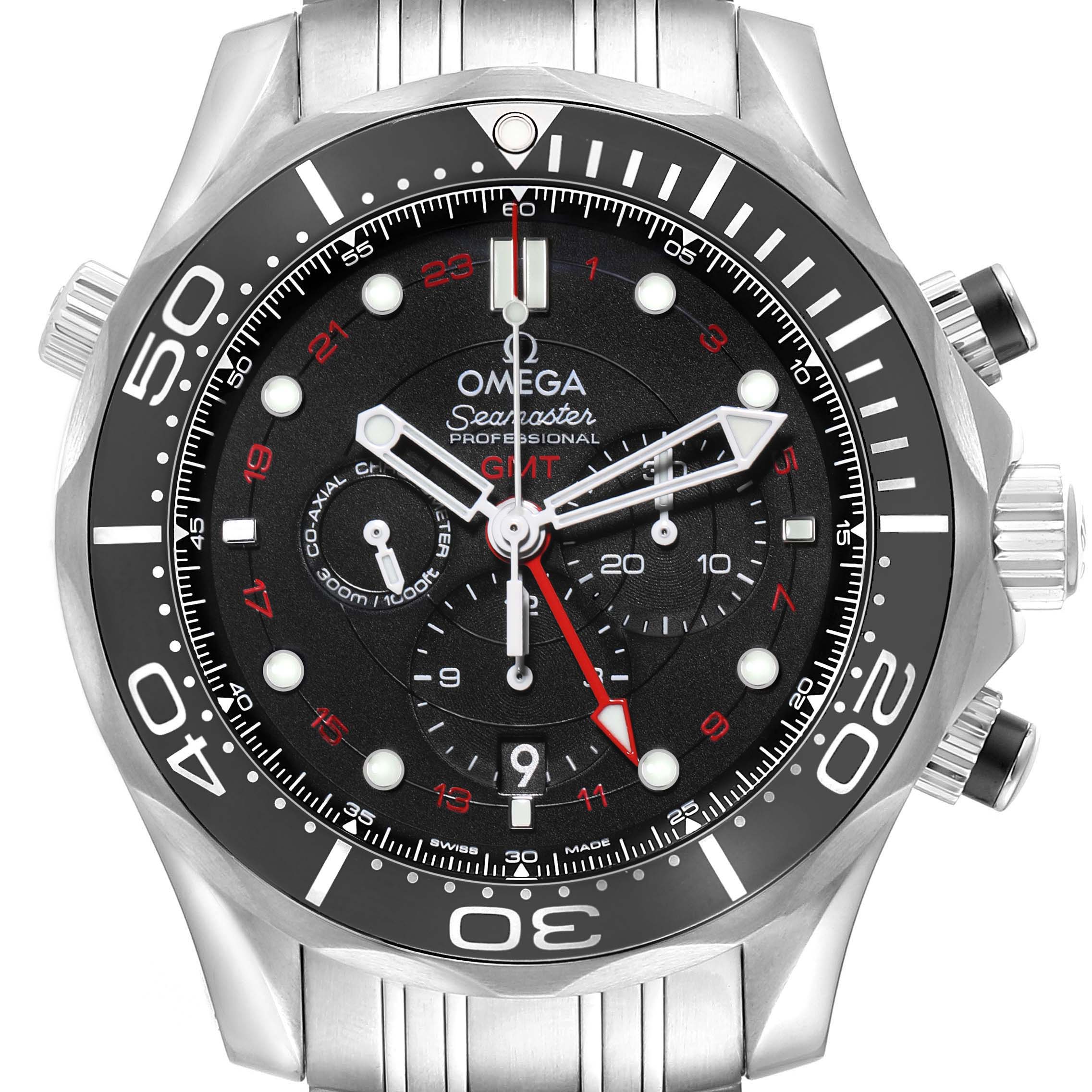 The Omega Seamaster 212.30.44.52.01.001 Men's Stainless Steel Black Dial watch is shown from the front, displaying its face, bezel, hands, and pushers.