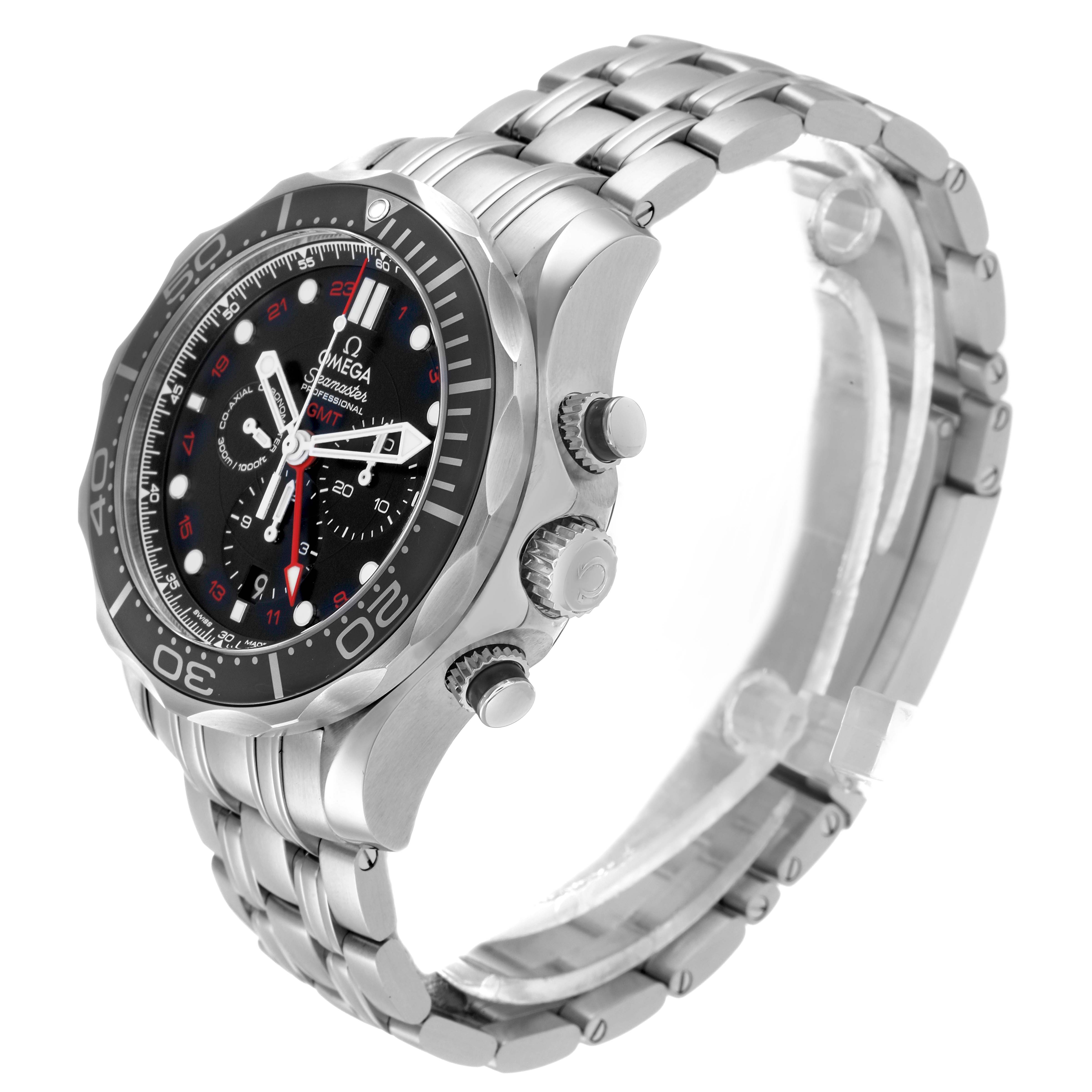 The Omega Seamaster 212.30.44.52.01.001 Men's Stainless Steel Black Dial watch is shown at an angled side view, highlighting the bezel, crown, pushers, and stainless steel bracelet.