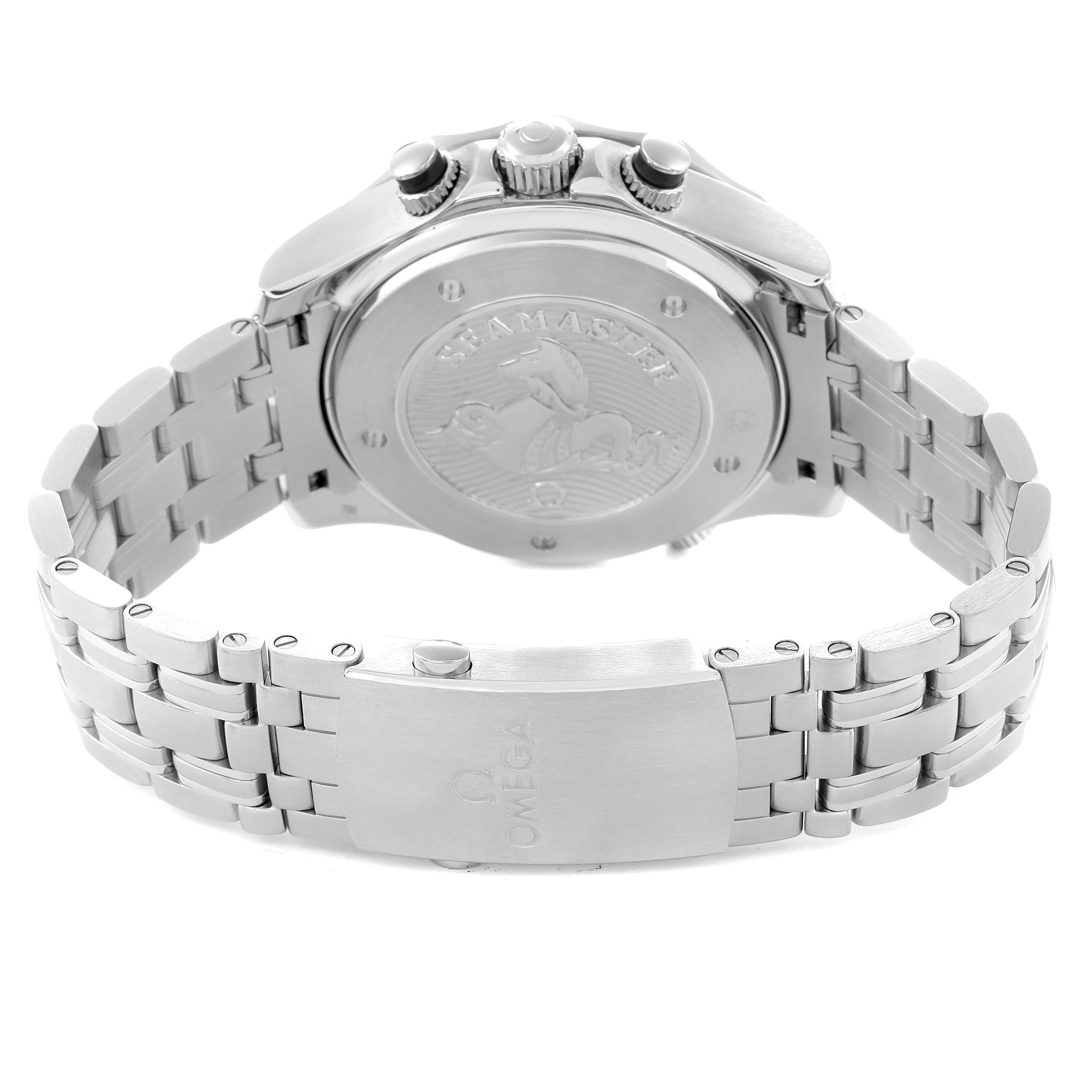 The image shows the back view of an Omega Seamaster 212.30.44.52.01.001 Men's Stainless Steel Black Dial, highlighting the case back, crown, and bracelet clasp.