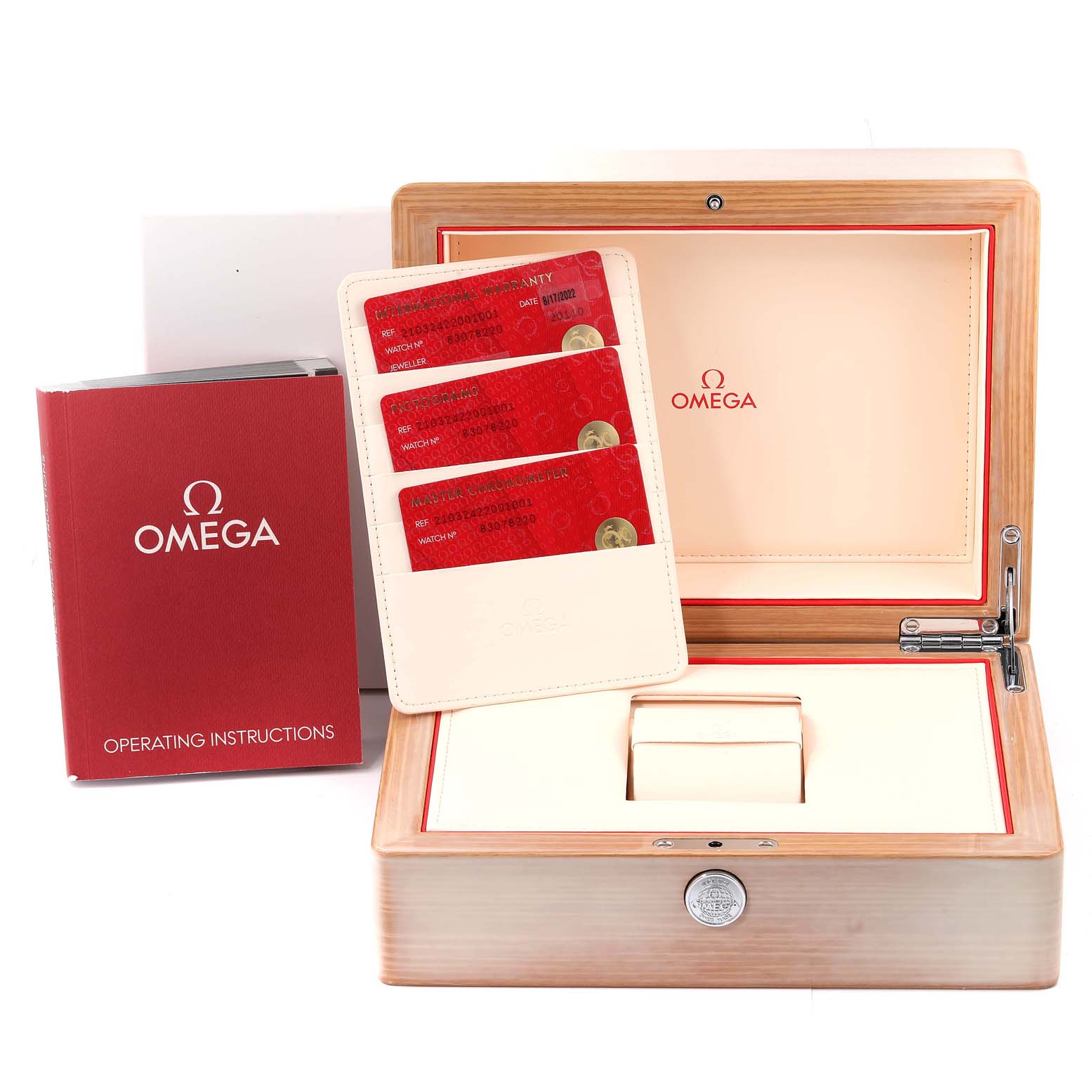 The image displays an Omega Seamaster 210.32.42.20.01.001 Men's Stainless Steel Black Dial 210.32.42.20.01.001 Men's Stainless Steel Black Dial watch box, operating instructions booklet, and warranty cards.