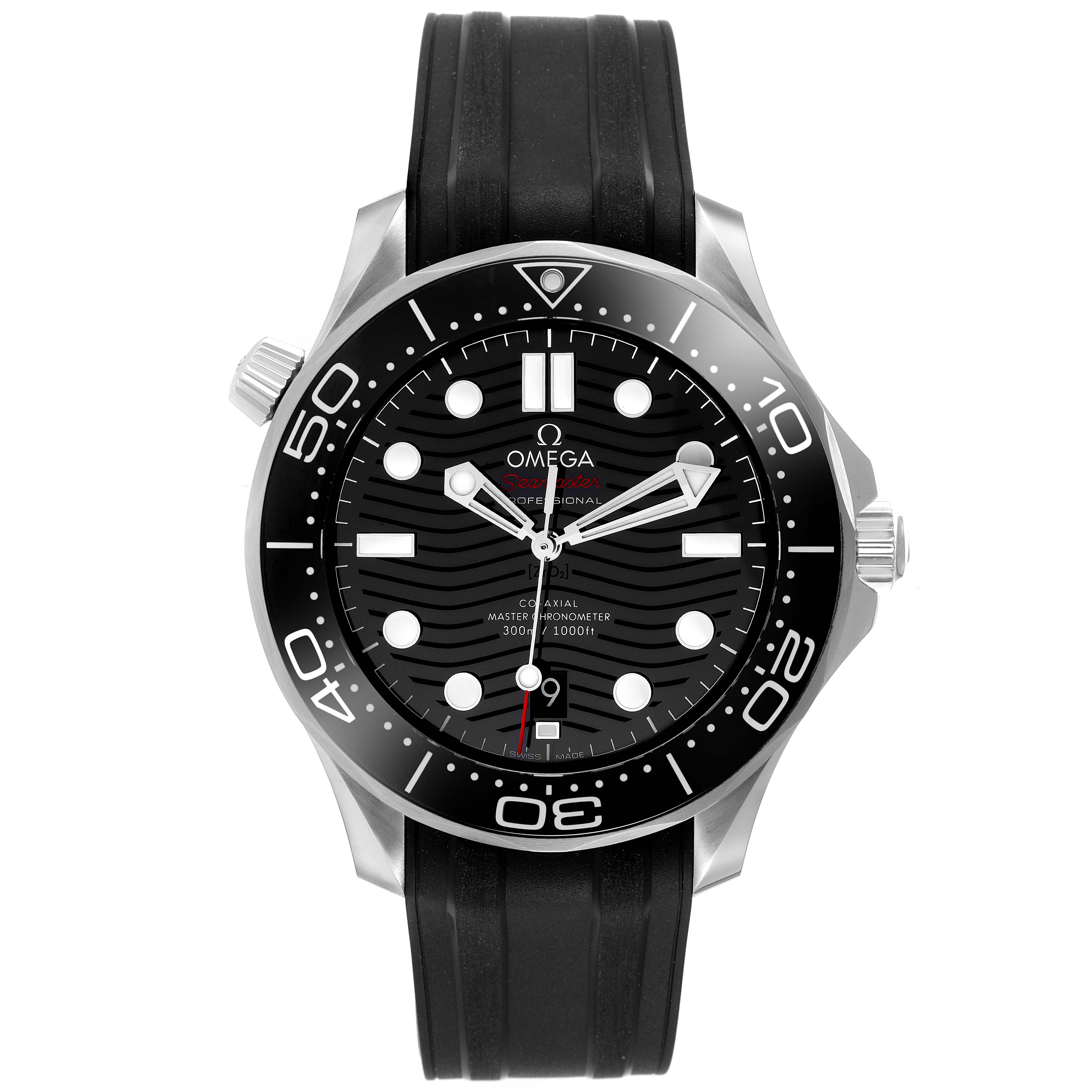 The Omega Seamaster 210.32.42.20.01.001 Men's Stainless Steel Black Dial 210.32.42.20.01.001 Men's Stainless Steel Black Dial watch is shown from a front angle, highlighting its black dial, rotating bezel, and rubber strap.