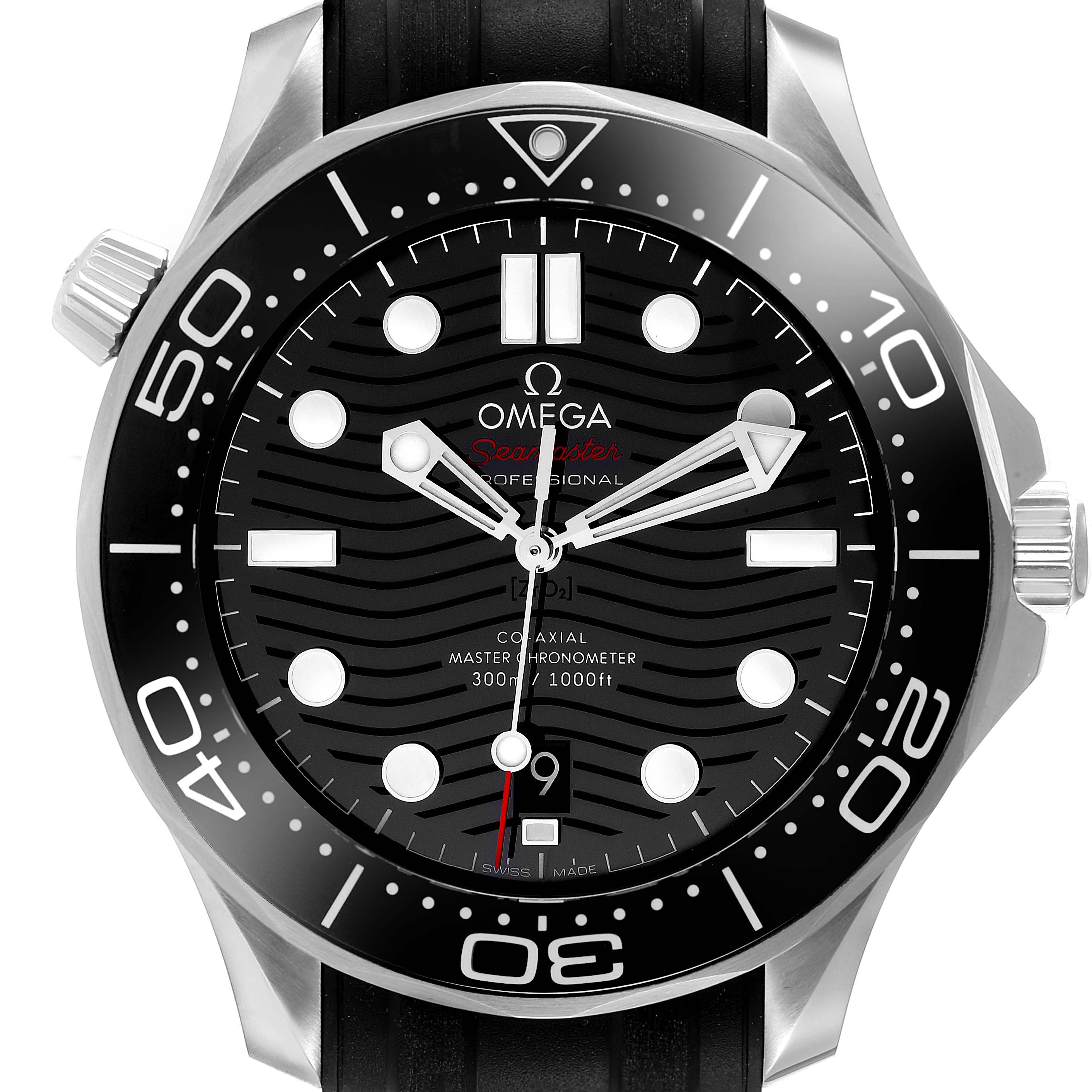The image shows a front view of the Omega Seamaster 210.32.42.20.01.001 Men's Stainless Steel Black Dial 210.32.42.20.01.001 Men's Stainless Steel Black Dial watch, displaying the dial, bezel, crown, and part of the strap.