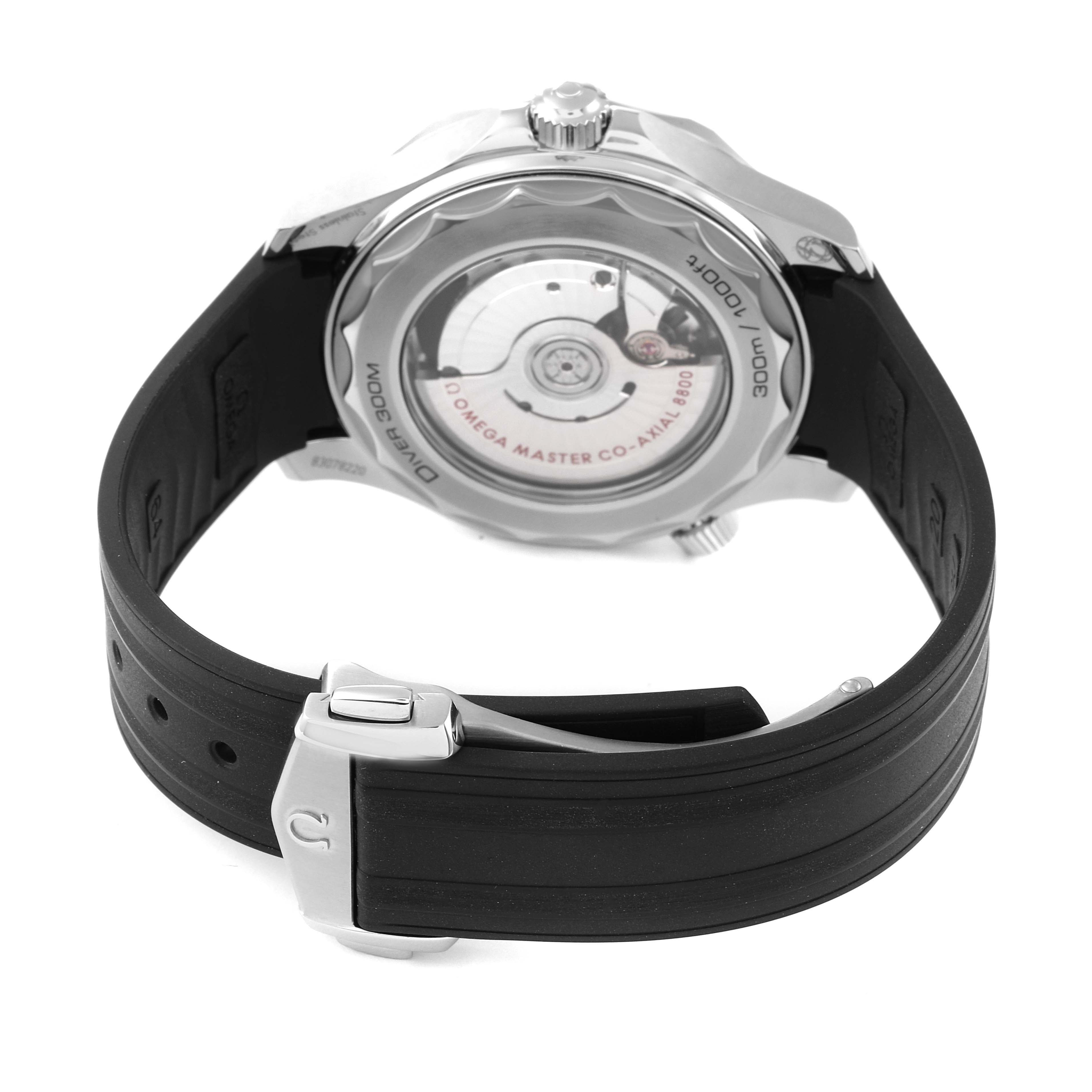 The image shows the back view of an Omega Seamaster 210.32.42.20.01.001 Men's Stainless Steel Black Dial 210.32.42.20.01.001 Men's Stainless Steel Black Dial watch with a focus on the movement and the black rubber strap.