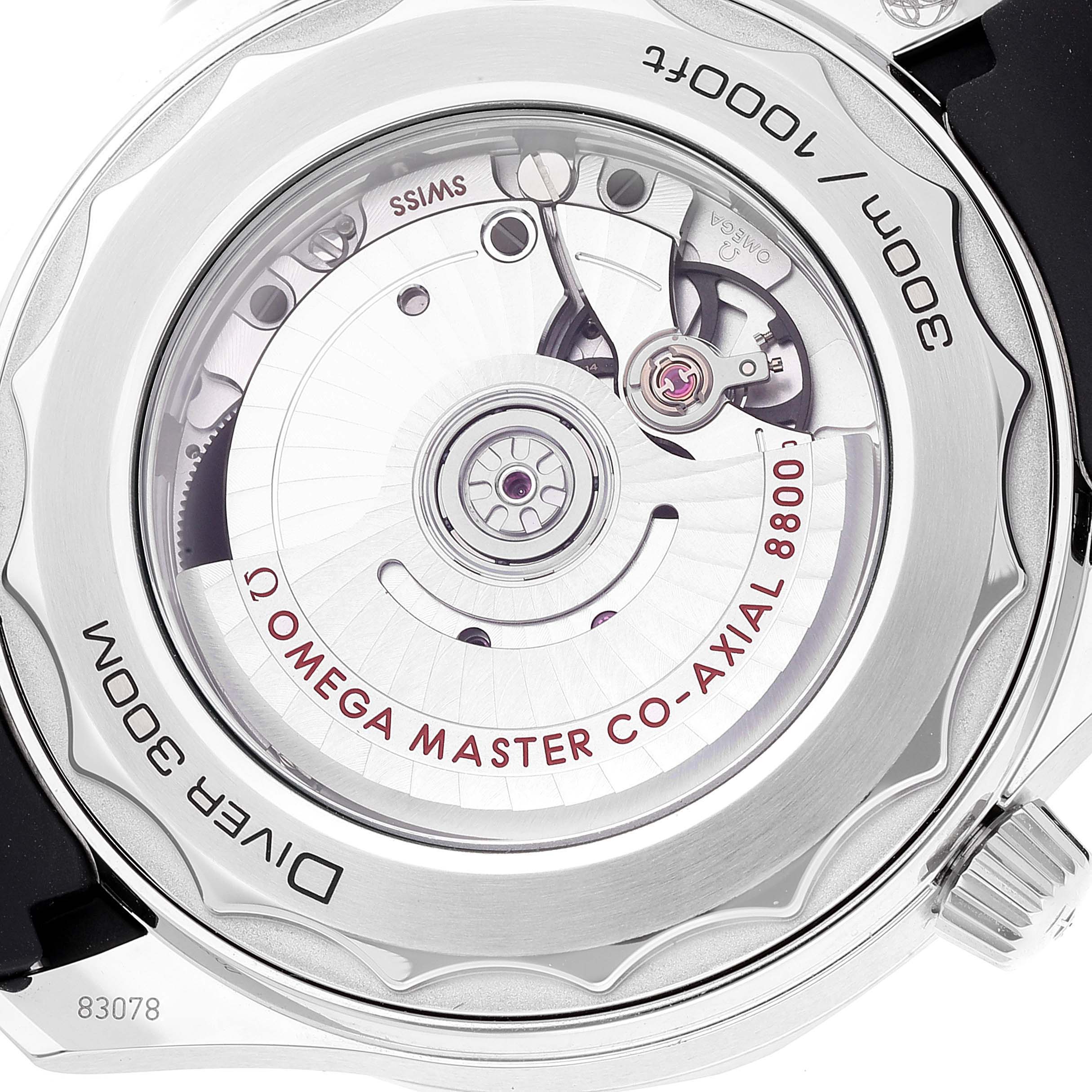 This image shows the case back and movement of the Omega Seamaster 210.32.42.20.01.001 Men's Stainless Steel Black Dial 210.32.42.20.01.001 Men's Stainless Steel Black Dial watch, specifically highlighting the Co-Axial escapement.