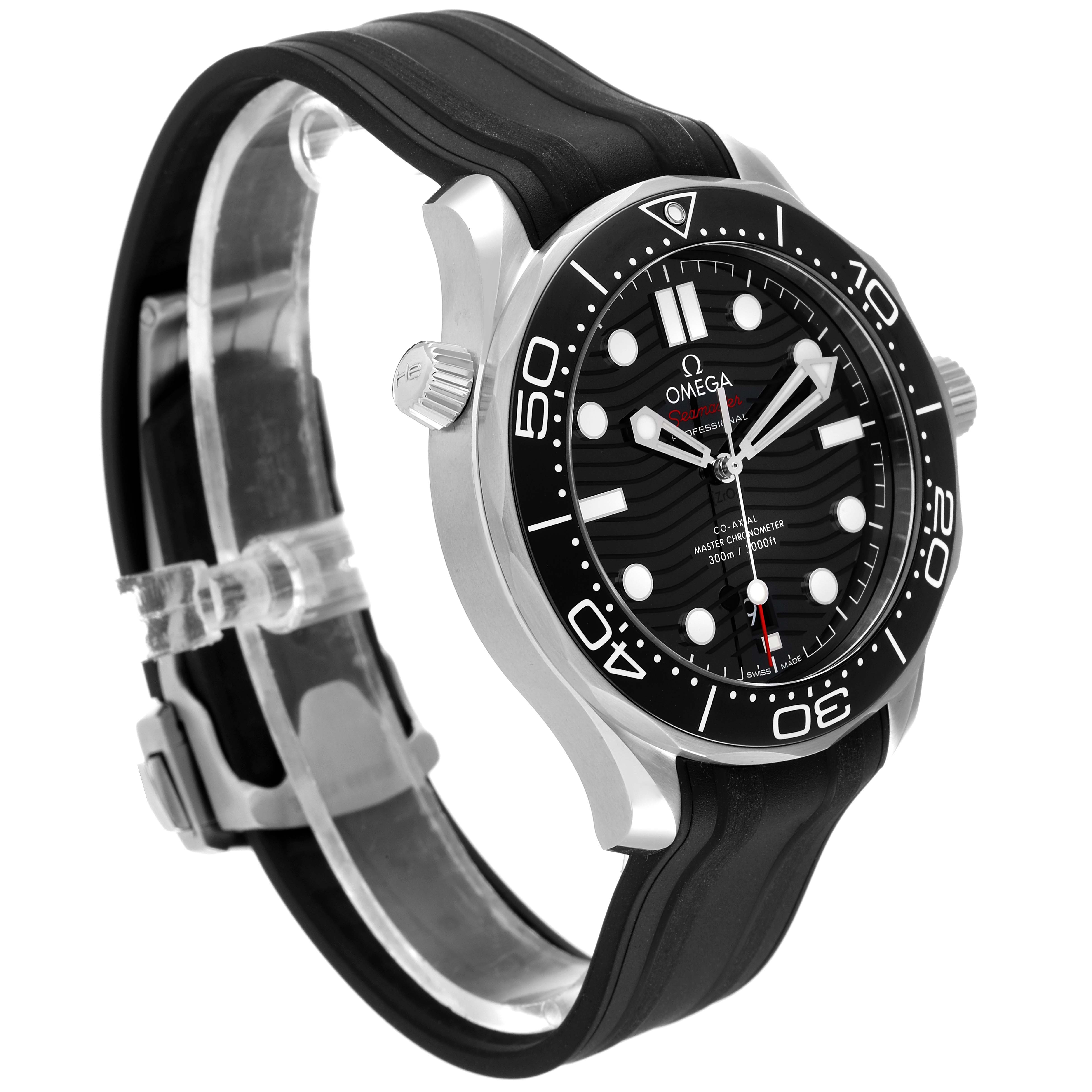 The image shows a side view of the Omega Seamaster 210.32.42.20.01.001 Men's Stainless Steel Black Dial 210.32.42.20.01.001 Men's Stainless Steel Black Dial watch, highlighting the black dial, bezel, and rubber strap.