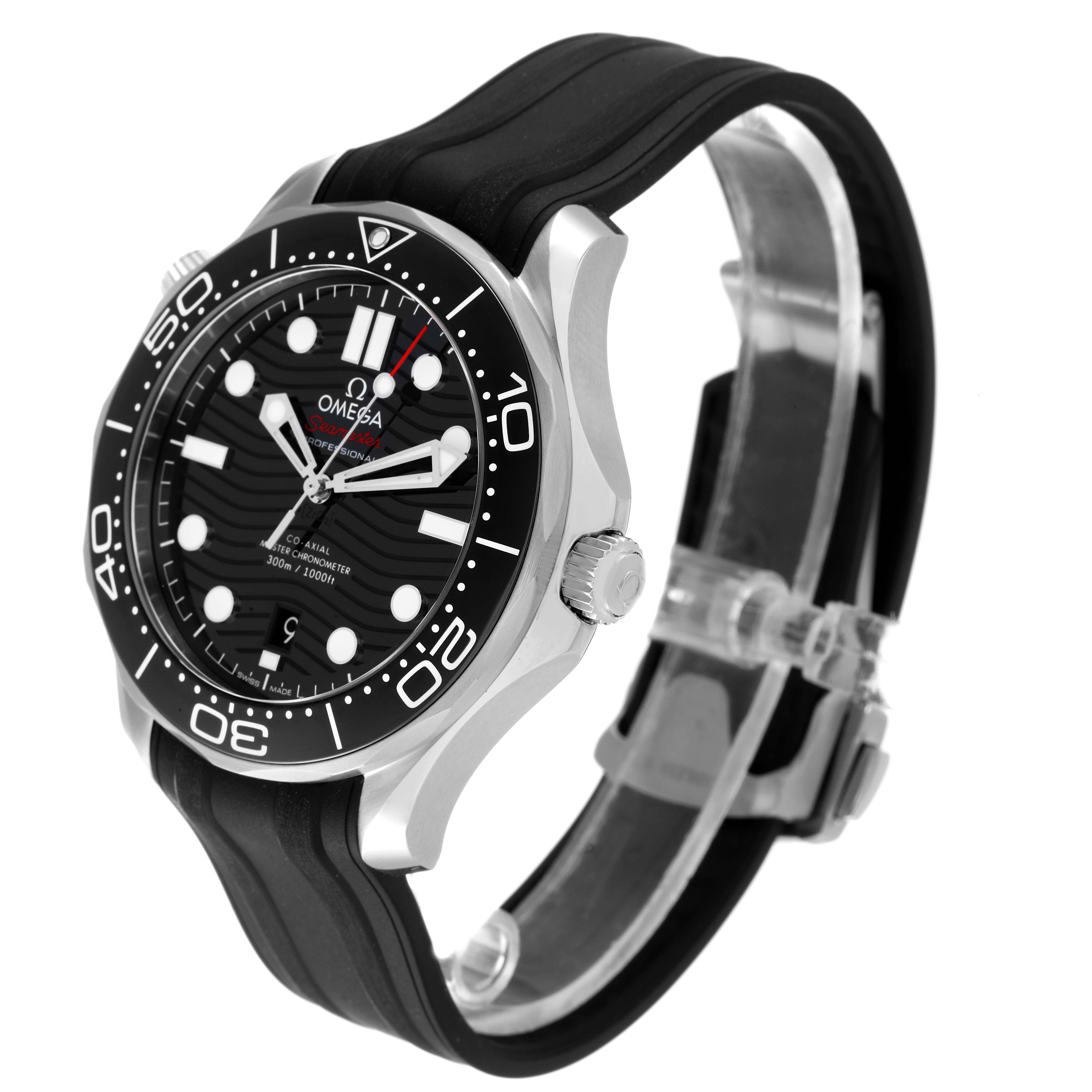 The image shows a side and front angle of an Omega Seamaster 210.32.42.20.01.001 Men's Stainless Steel Black Dial 210.32.42.20.01.001 Men's Stainless Steel Black Dial watch with a black strap and black bezel.