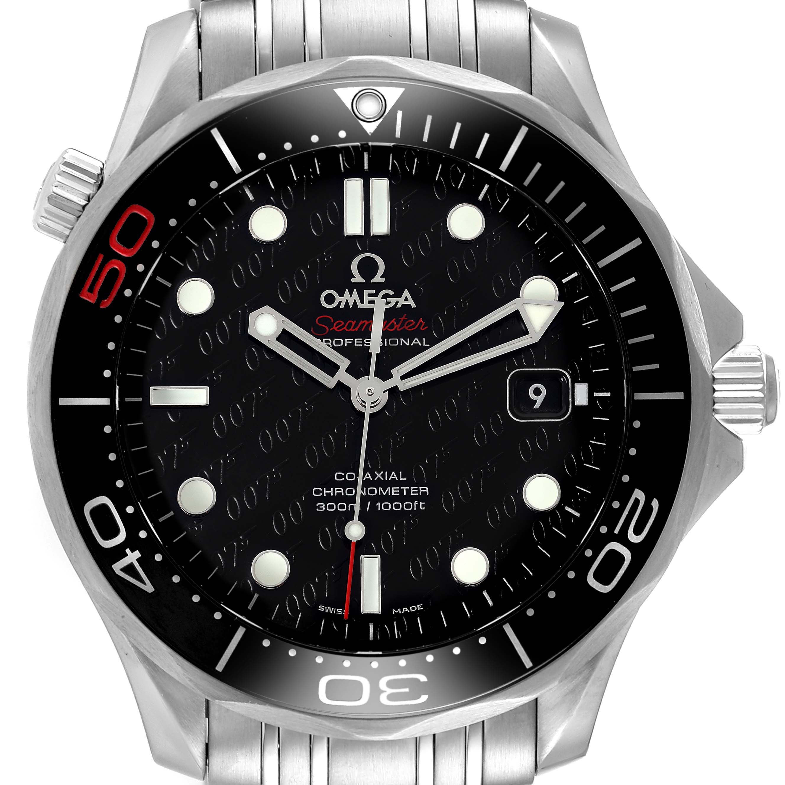 This image shows a front view of an Omega Seamaster 212.30.41.20.01.005 Men's Stainless Steel Black Dial 212.30.41.20.01.005 Men's Stainless Steel Black Dial watch, displaying its dial, bezel, and part of the stainless steel band.