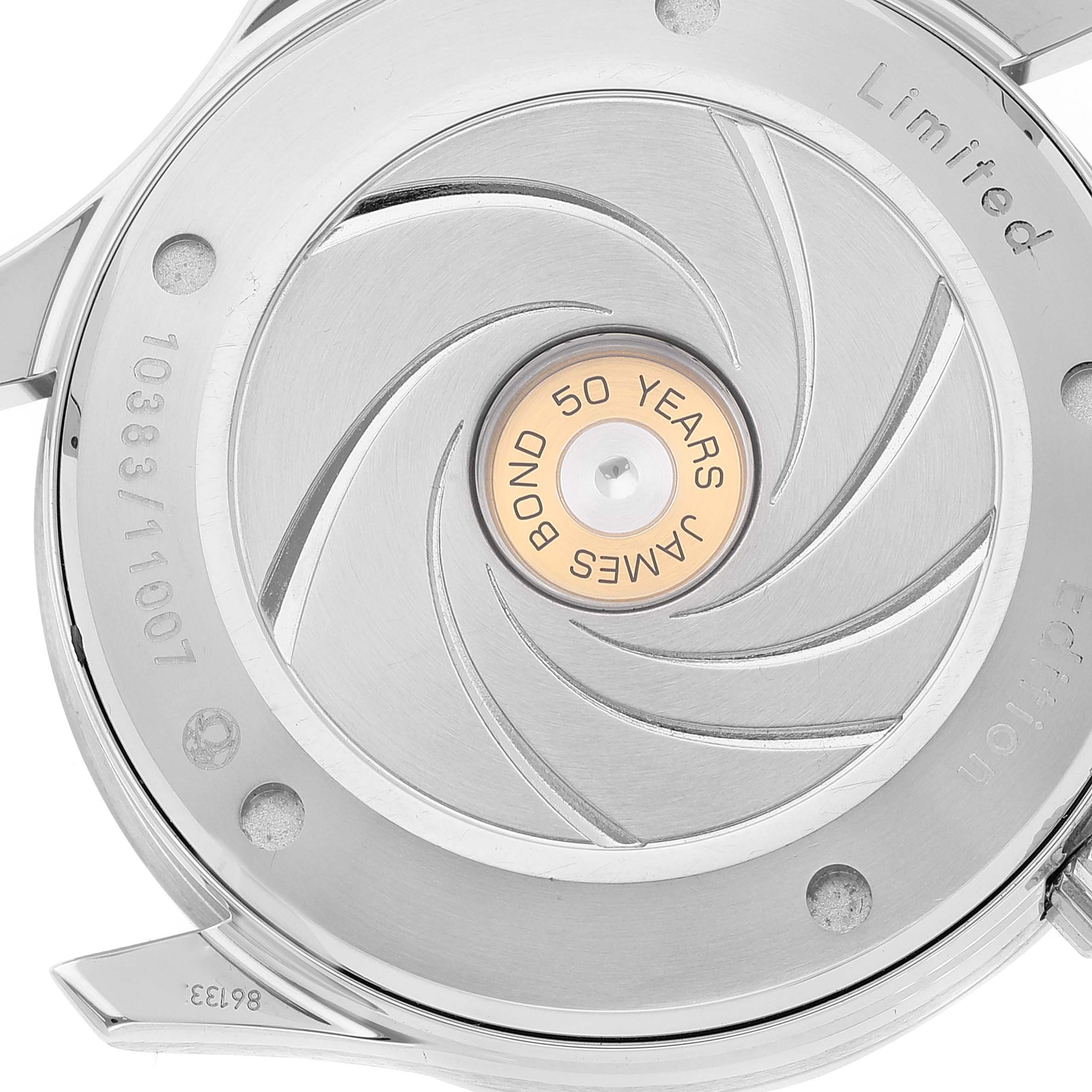 The image shows the rear view of the Omega Seamaster 212.30.41.20.01.005 Men's Stainless Steel Black Dial 212.30.41.20.01.005 Men's Stainless Steel Black Dial, highlighting the limited edition "James Bond 50 Years" inscription.