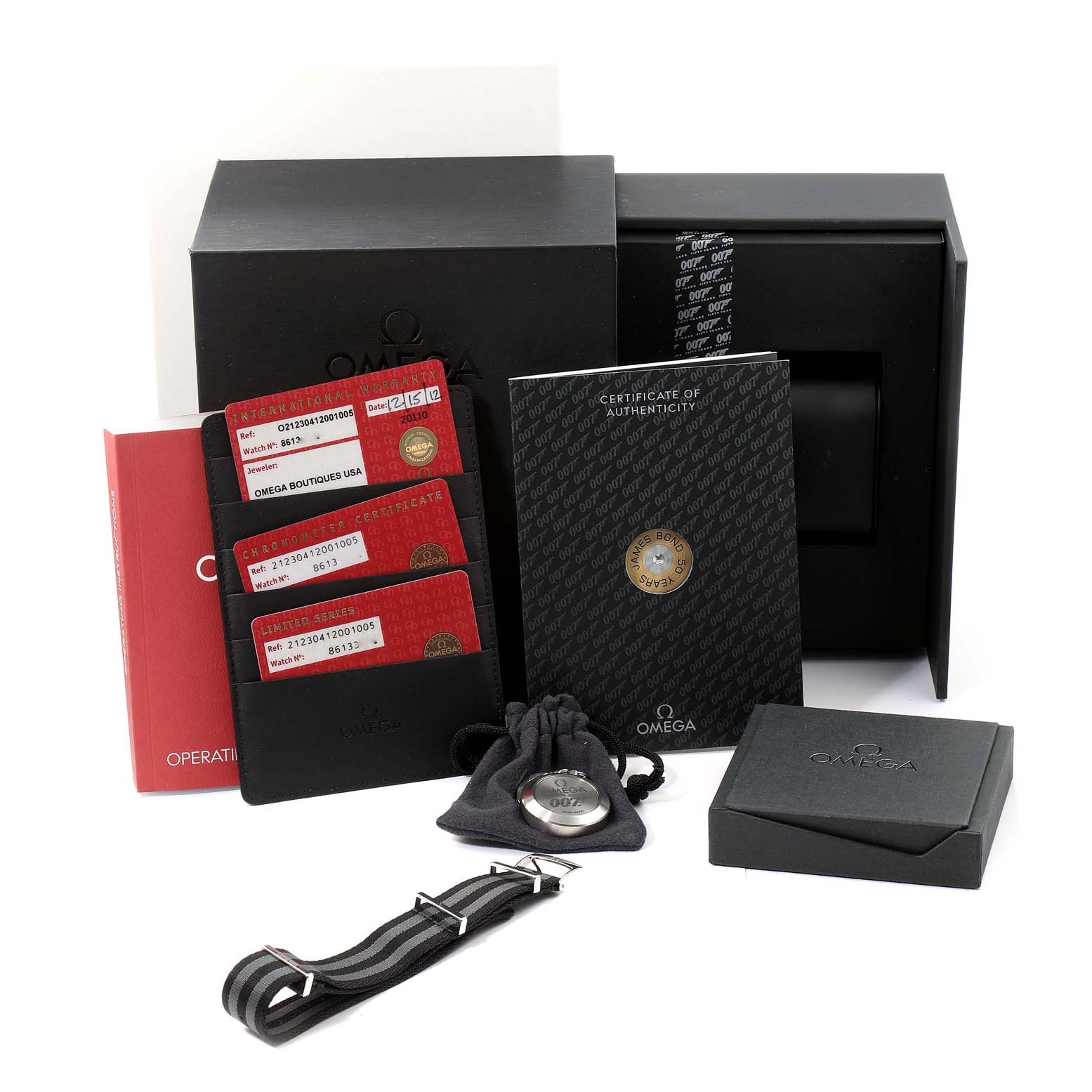 The image shows the packaging, certificates, manual, extra strap, and accessories for an Omega Seamaster 212.30.41.20.01.005 Men's Stainless Steel Black Dial 212.30.41.20.01.005 Men's Stainless Steel Black Dial watch from a front angle.