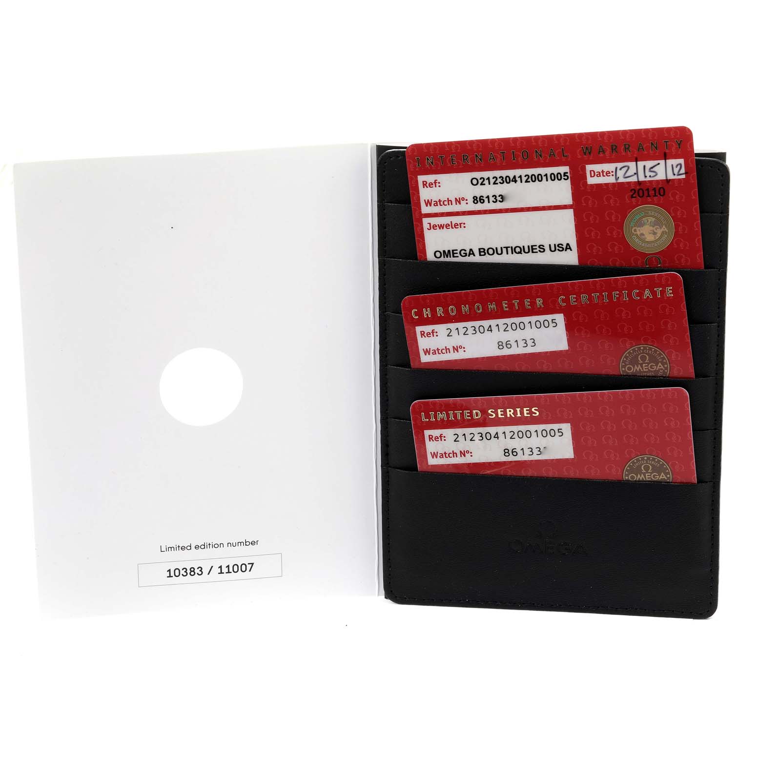 The image shows the warranty and certification cards for an Omega Seamaster 212.30.41.20.01.005 Men's Stainless Steel Black Dial 212.30.41.20.01.005 Men's Stainless Steel Black Dial watch in a black holder.