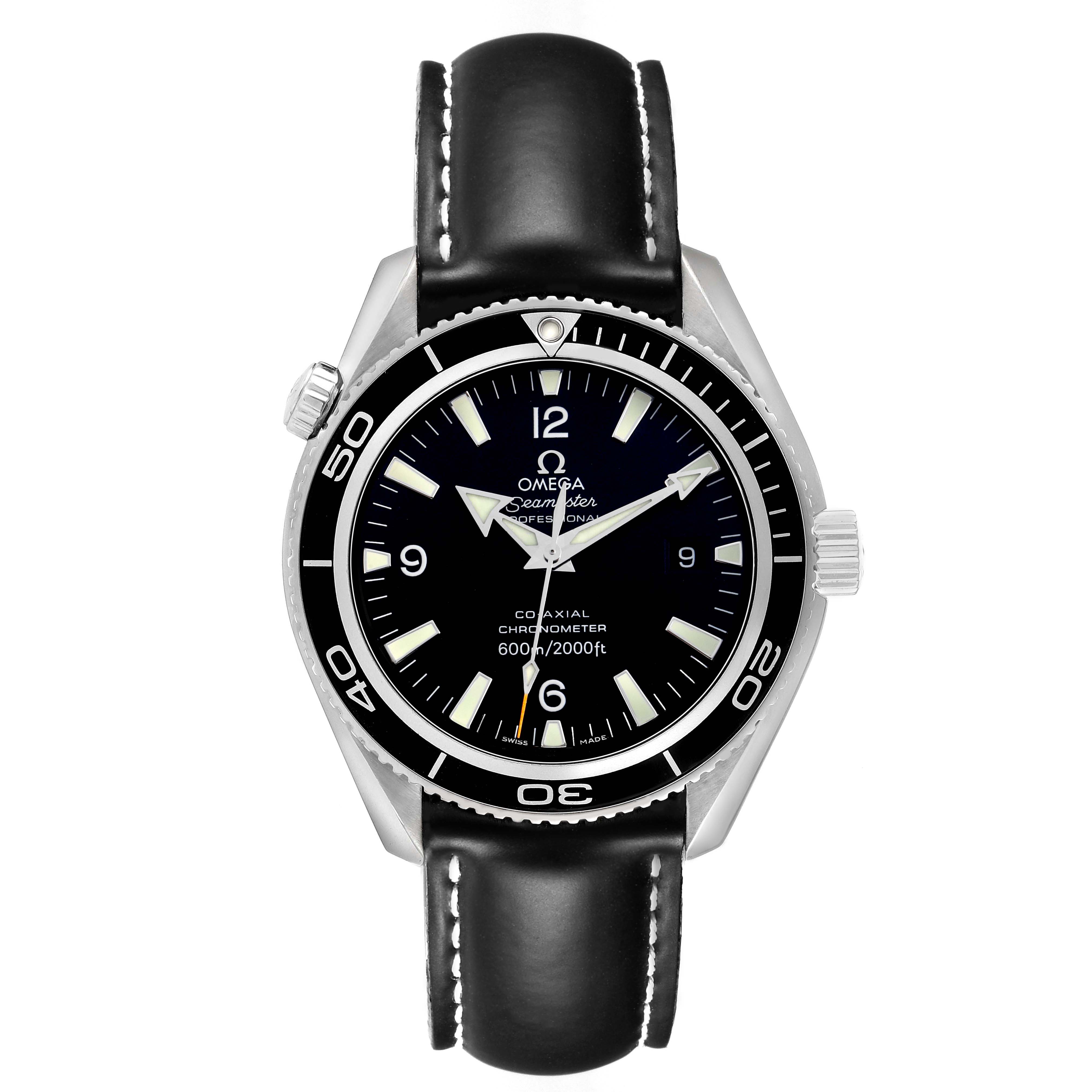 The Omega Planet Ocean 2201.50.00 Men's Stainless Steel Black Dial watch is shown from the front, highlighting its dial, hands, bezel, and leather strap.
