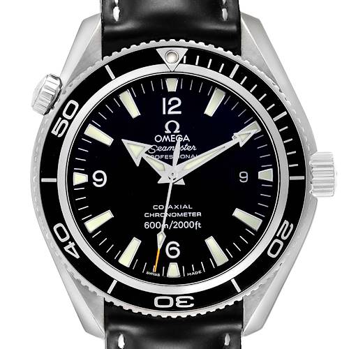 The Omega Planet Ocean 2201.50.00 Men's Stainless Steel Black Dial watch is shown from the front, displaying the dial, bezel, hands, and strap.