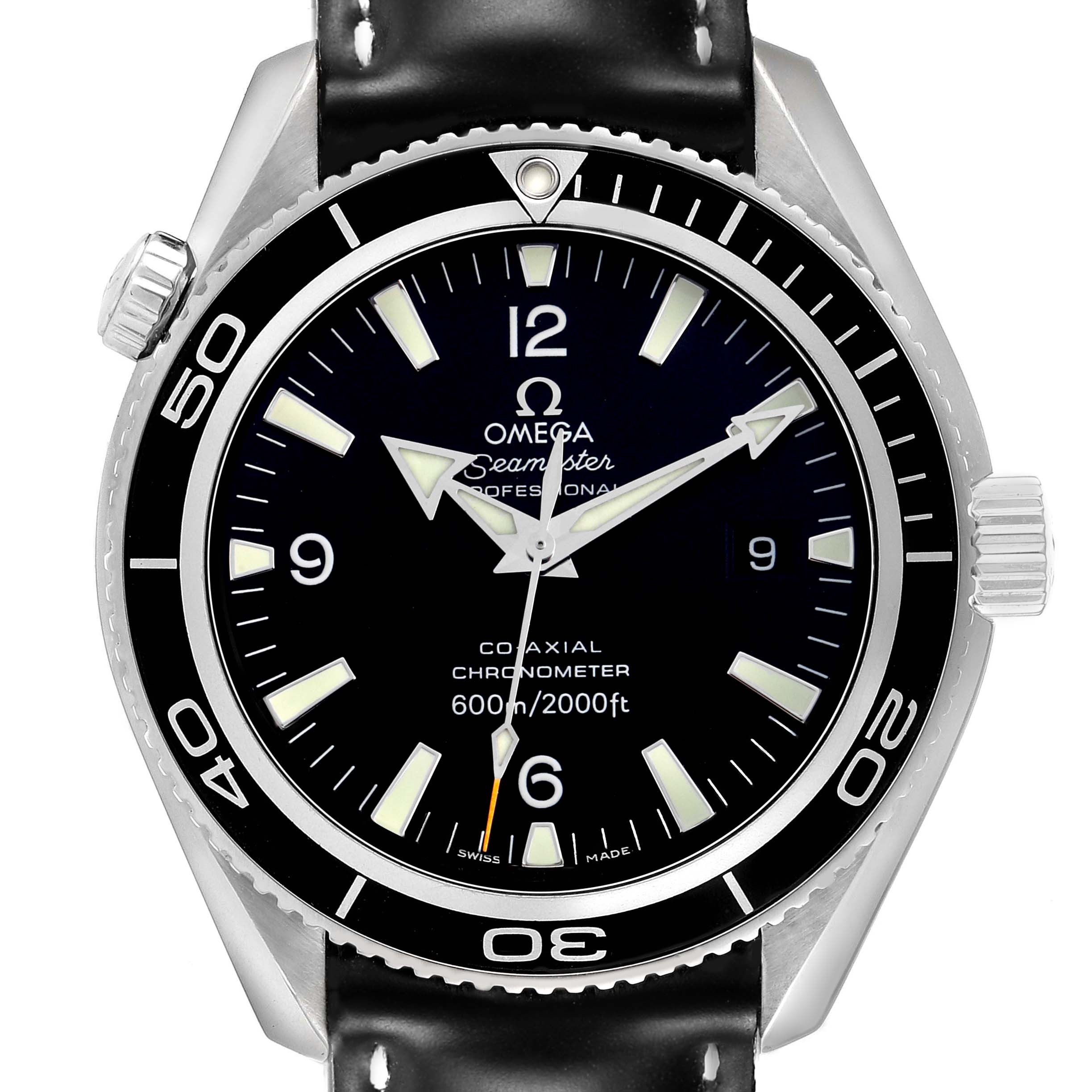 The Omega Planet Ocean 2201.50.00 Men's Stainless Steel Black Dial watch is shown from a front angle, displaying the bezel, dial, indices, and hands.