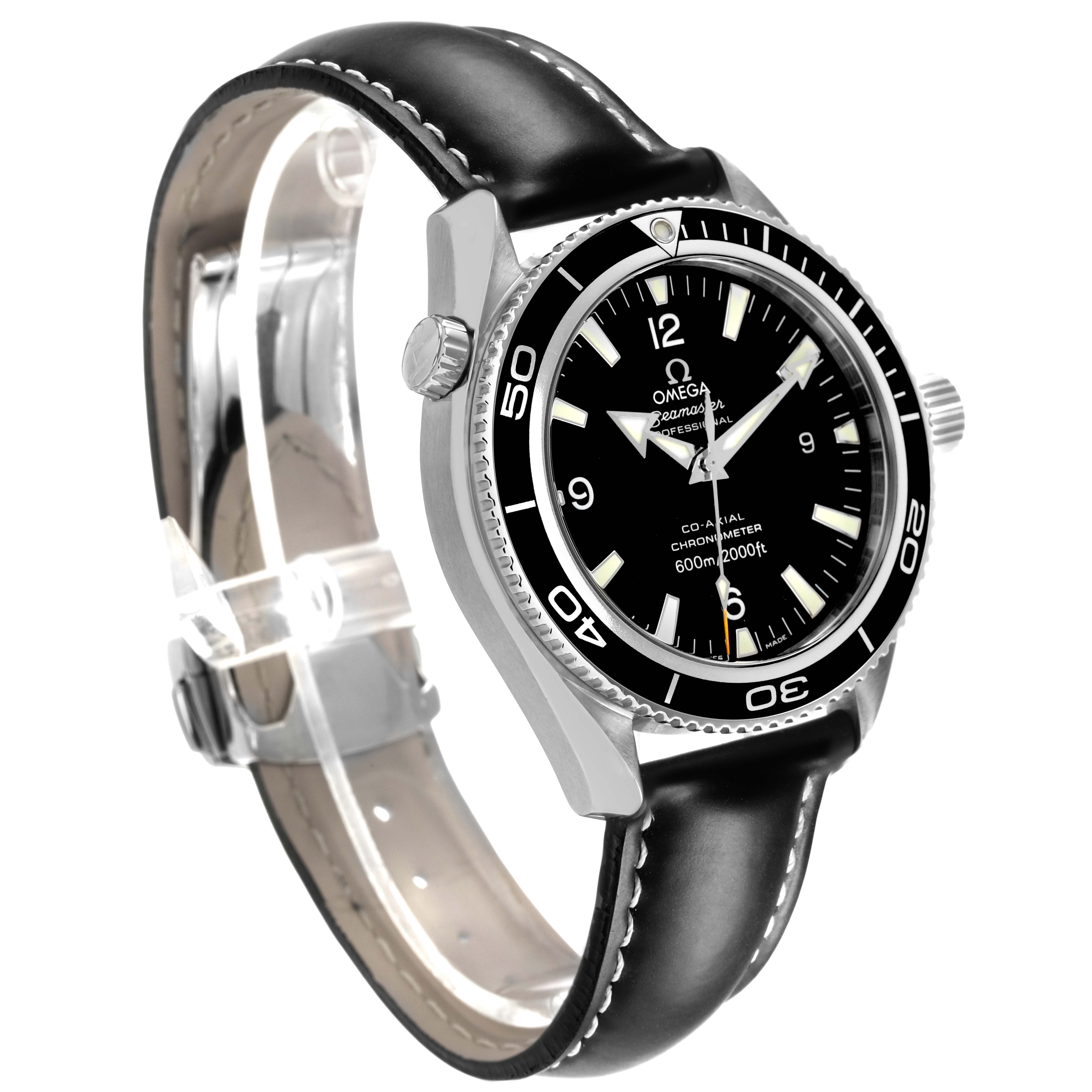 The Omega Planet Ocean 2201.50.00 Men's Stainless Steel Black Dial watch is shown at a three-quarters angle, highlighting the face, bezel, crown, and leather strap.