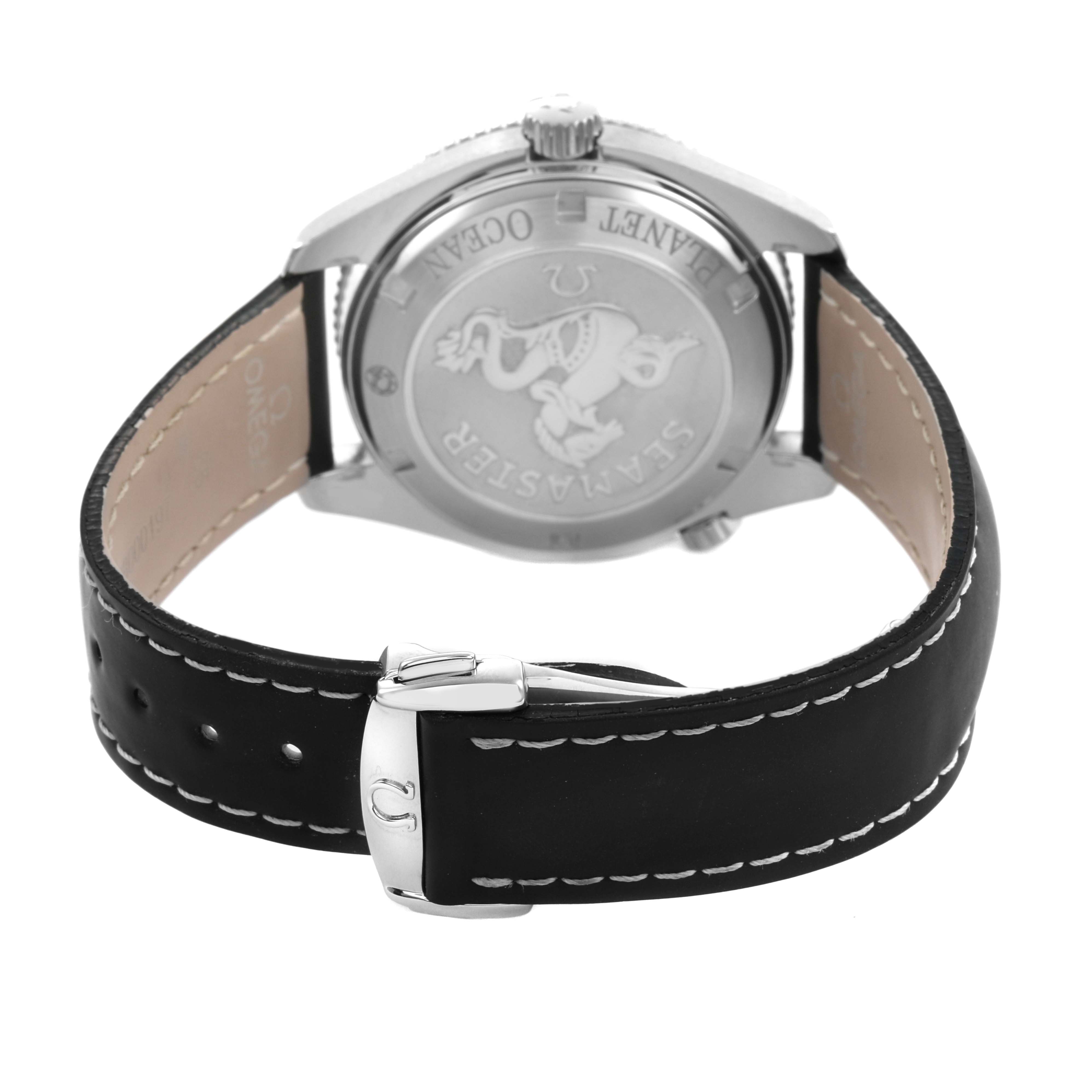 The image shows the back of the Omega Planet Ocean 2201.50.00 Men's Stainless Steel Black Dial watch, highlighting the case back and leather strap with a buckle.
