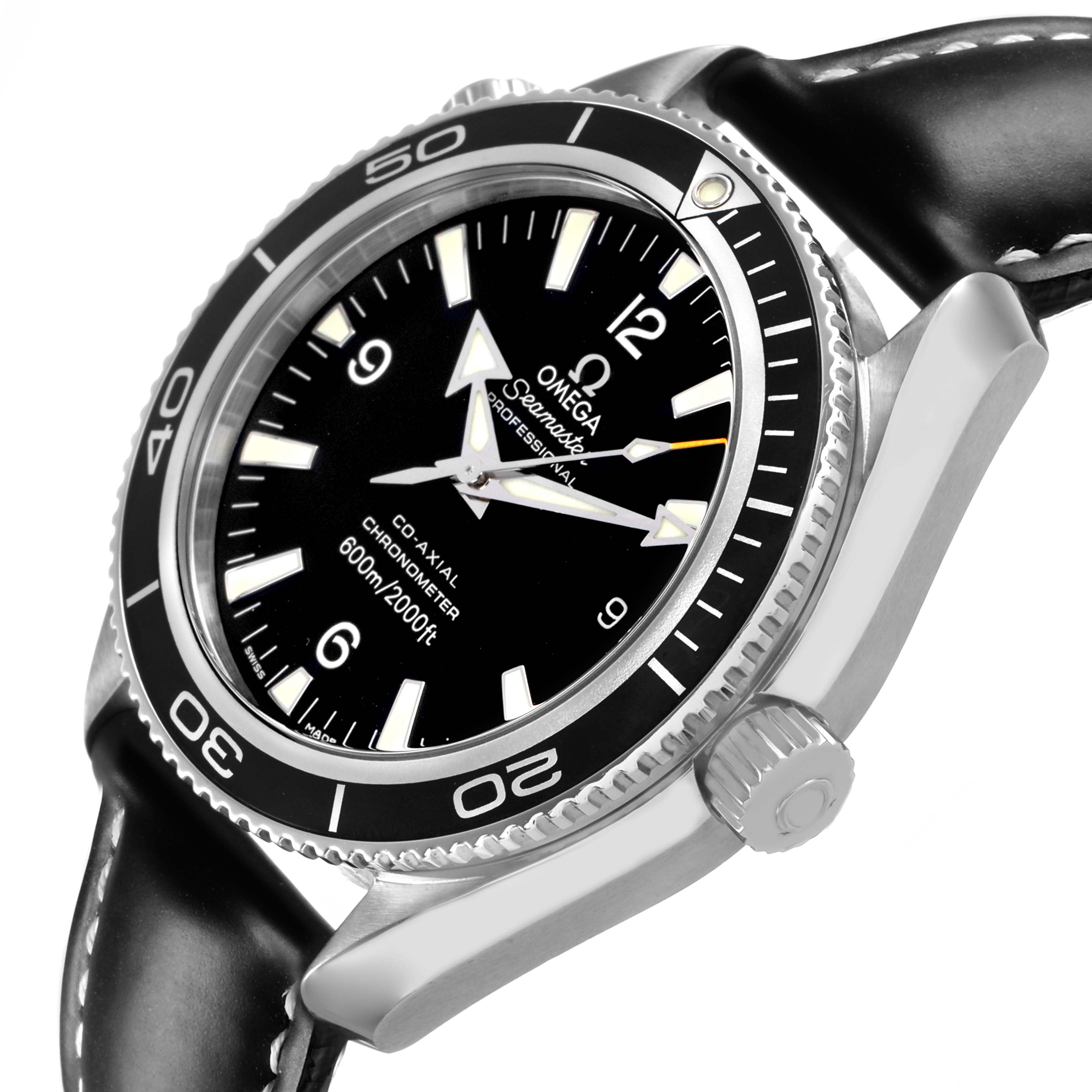 The Omega Planet Ocean 2201.50.00 Men's Stainless Steel Black Dial watch is shown from a tilted side view highlighting the bezel, dial, crown, and part of the leather strap.