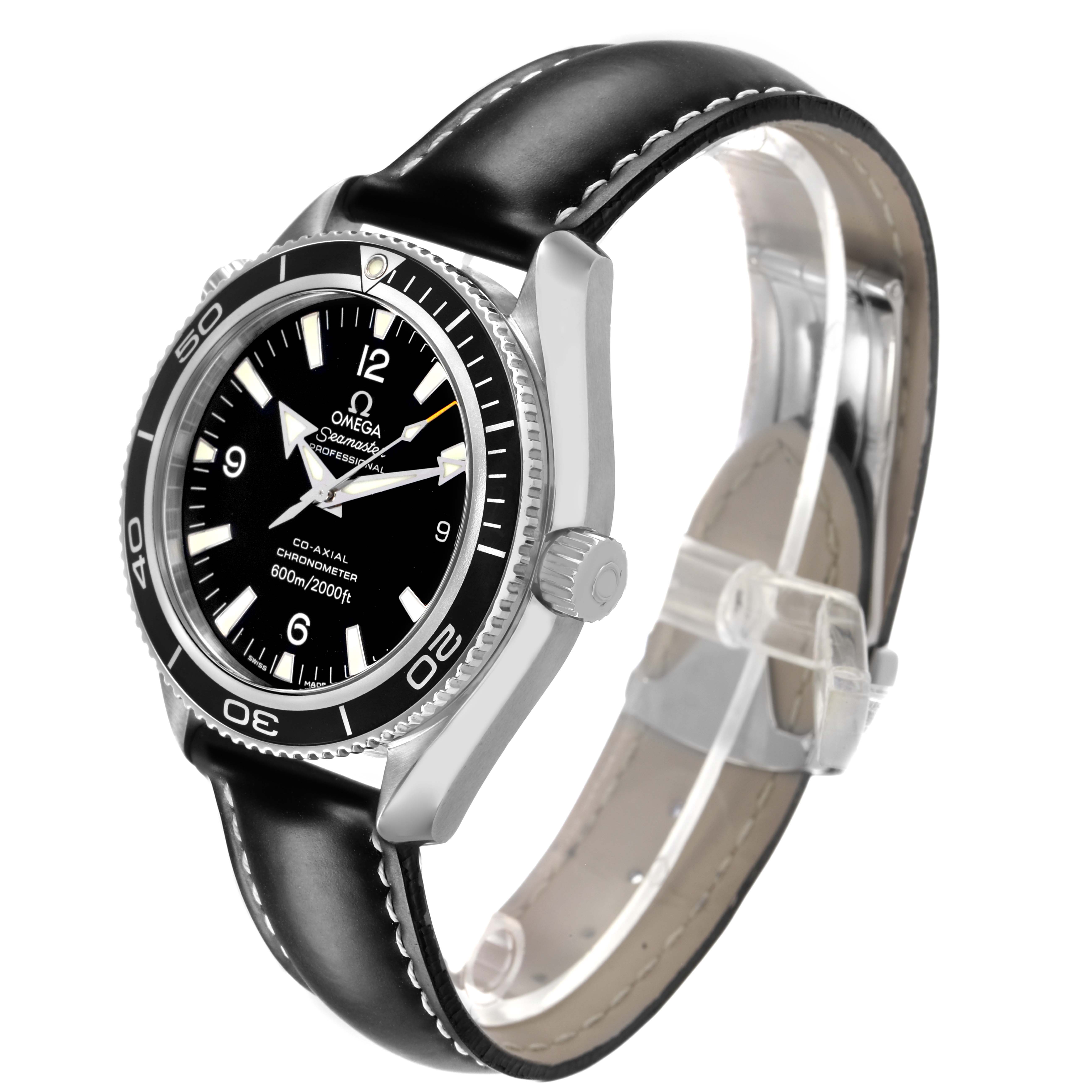 The Omega Planet Ocean 2201.50.00 Men's Stainless Steel Black Dial watch is shown at a three-quarter angle, displaying the face, bezel, crown, and leather strap.