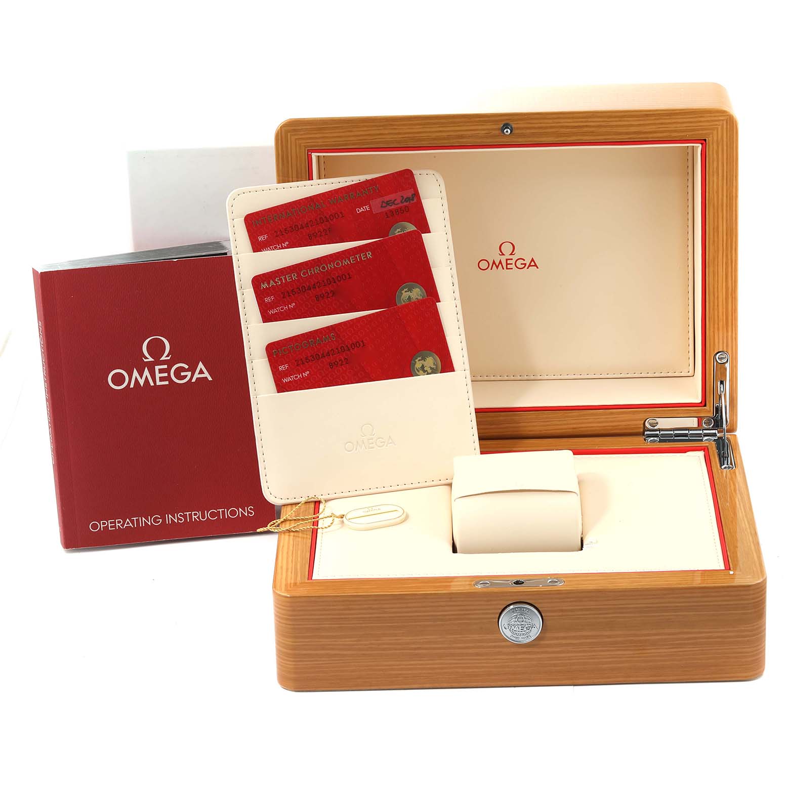 The image shows the Omega Planet Ocean 215.30.44.21.01.001 Men
s Stainless Steel Black Dial 215.30.44.21.01.001 Men
s Stainless Steel Black Dial watch case, operating instructions, Best Quality
ity cards, and cardholder from an angled top view.