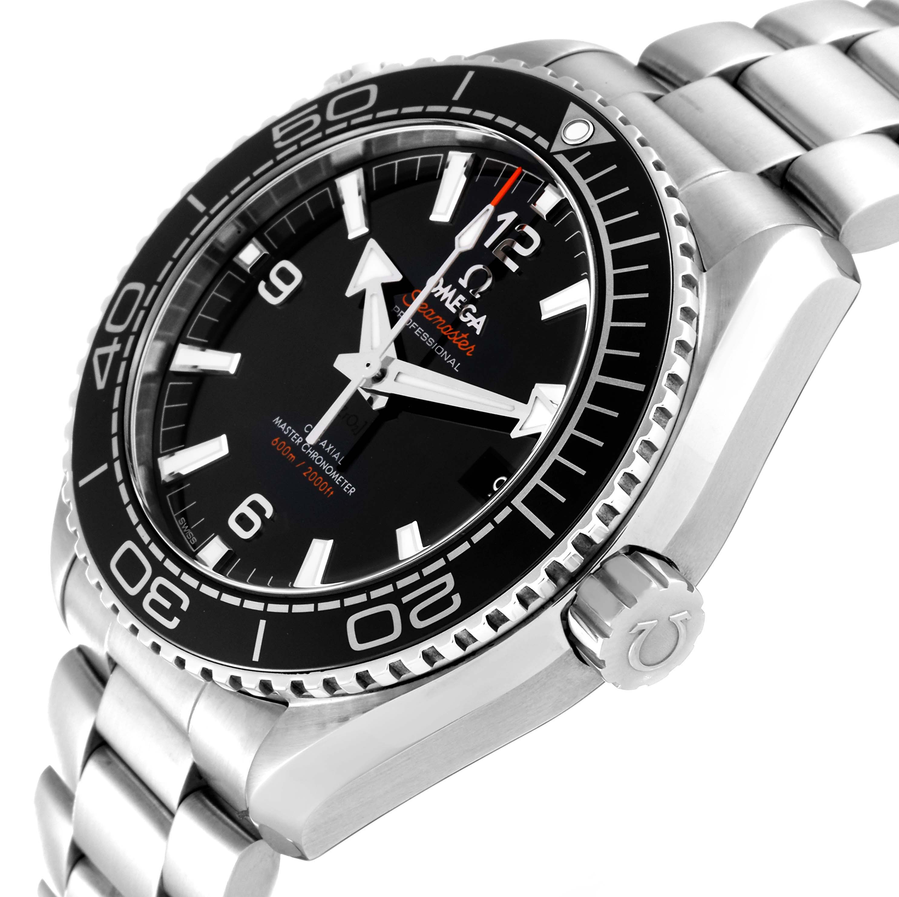 This image shows the Omega Planet Ocean 215.30.44.21.01.001 Men
s Stainless Steel Black Dial 215.30.44.21.01.001 Men
s Stainless Steel Black Dial watch at an angled view, highlighting the dial, bezel, and bracelet.