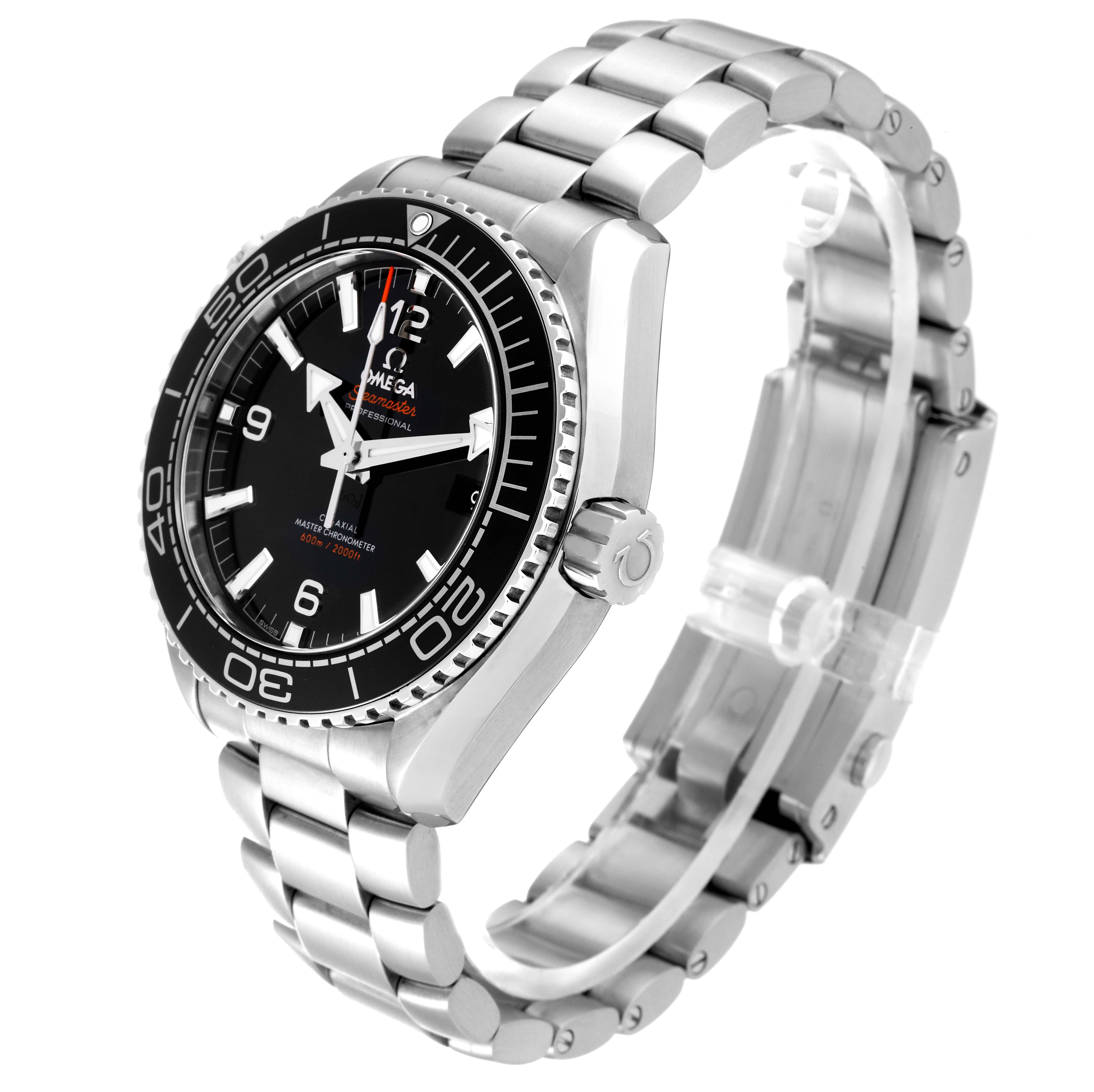 The image shows an oblique view of the Omega Planet Ocean 215.30.44.21.01.001 Men
s Stainless Steel Black Dial 215.30.44.21.01.001 Men
s Stainless Steel Black Dial watch, featuring the face, bezel, crown, and stainless steel bracelet.