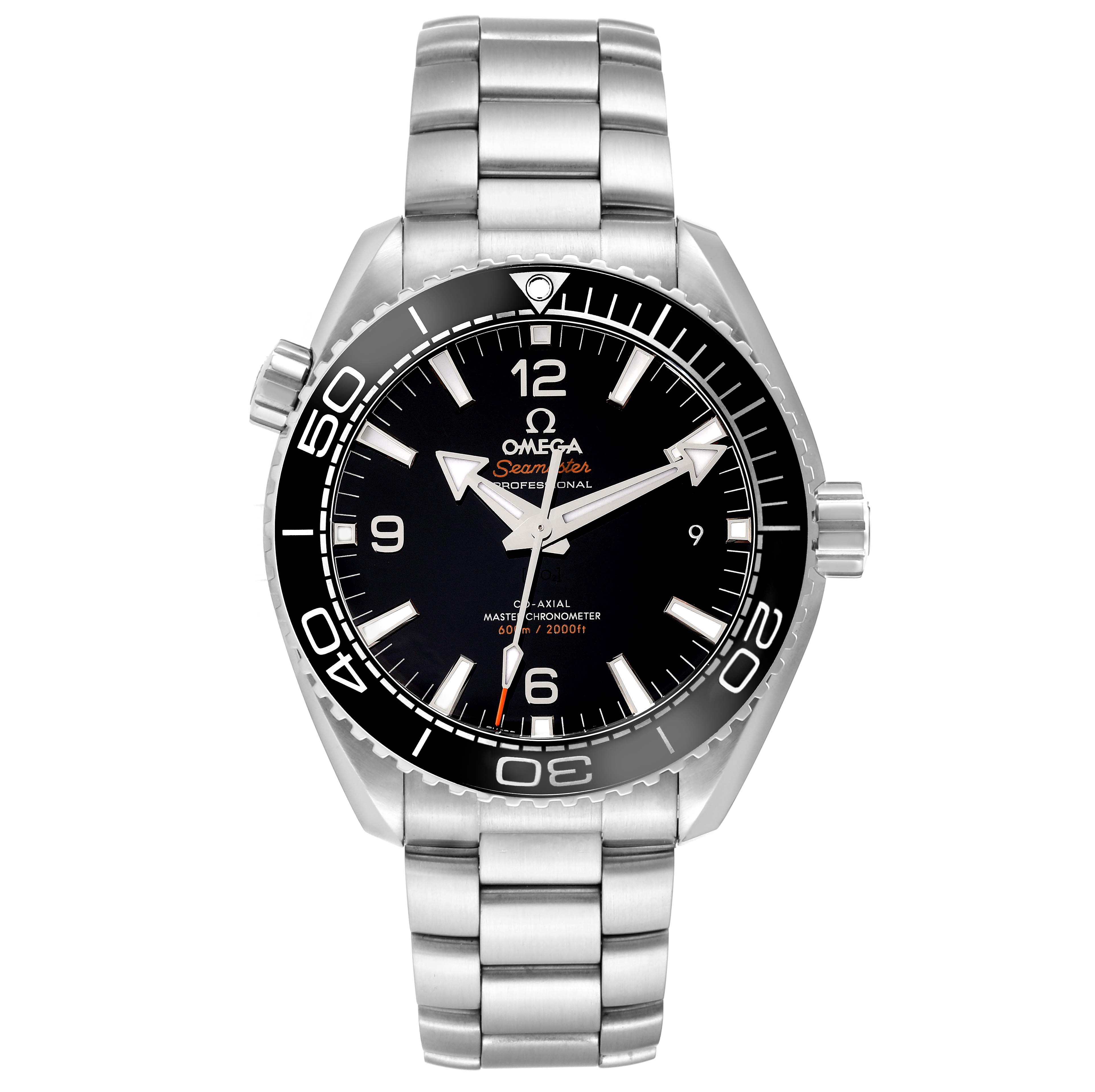 This Omega Planet Ocean 215.30.44.21.01.001 Men
s Stainless Steel Black Dial 215.30.44.21.01.001 Men
s Stainless Steel Black Dial watch is shown from a front angle, displaying the face, bezel, crown, and bracelet.