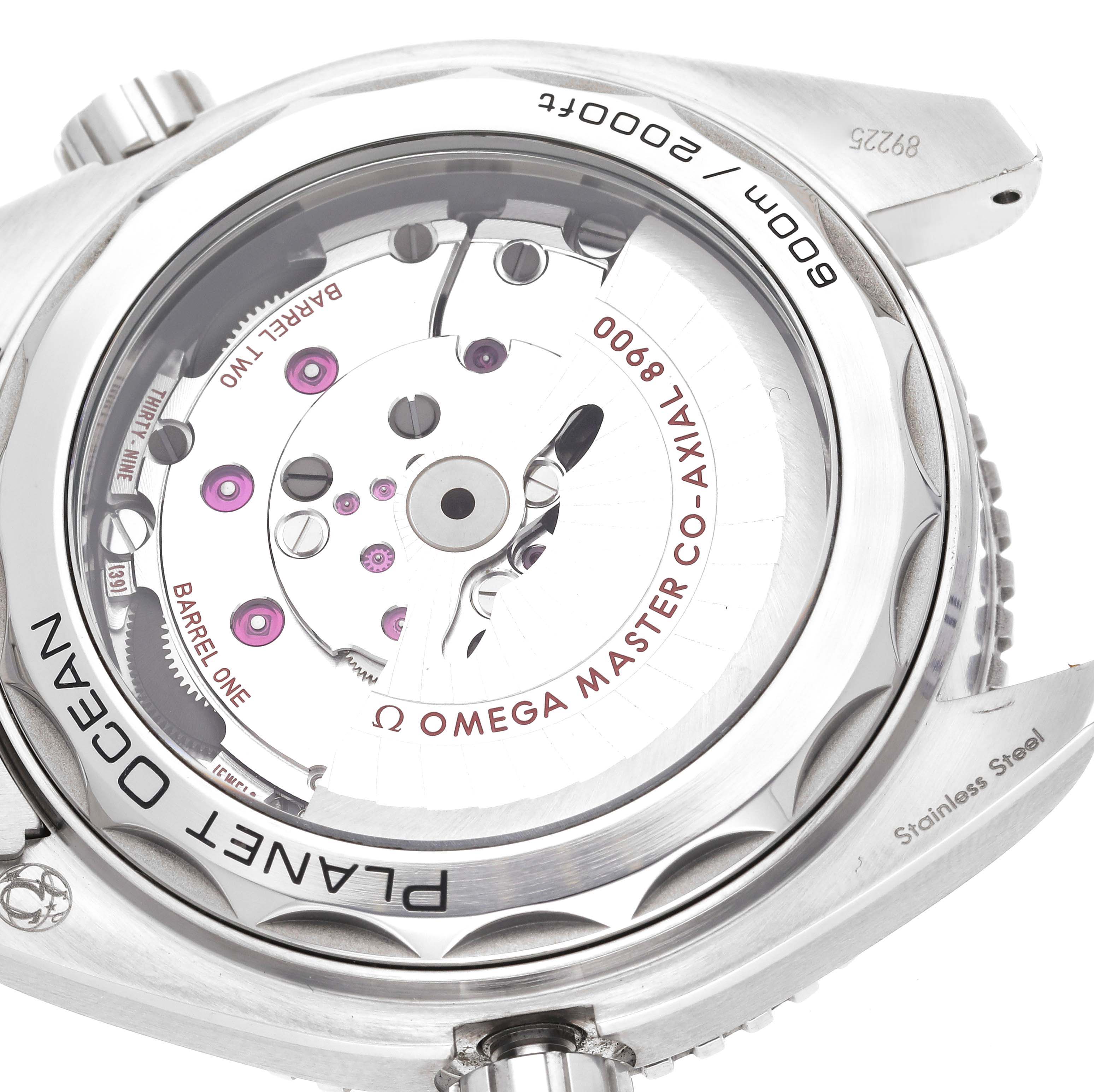 This image shows the back view of the Omega Planet Ocean 215.30.44.21.01.001 Men
s Stainless Steel Black Dial 215.30.44.21.01.001 Men
s Stainless Steel Black Dial watch, highlighting the movement and internal components.