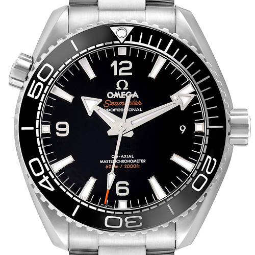 The image shows a front view of the Omega Planet Ocean Seamaster watch, highlighting the dial, bezel, and part of the stainless steel bracelet.