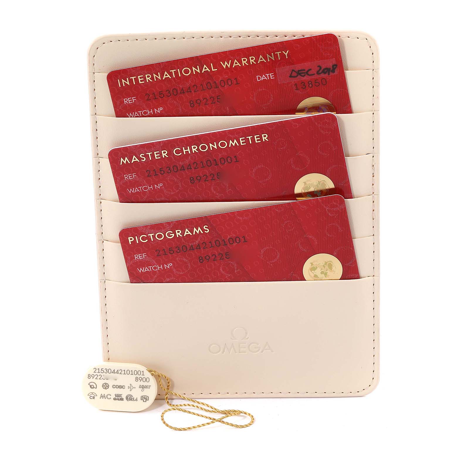 This image shows the warranty cards and tags for an Omega Planet Ocean 215.30.44.21.01.001 Men
s Stainless Steel Black Dial 215.30.44.21.01.001 Men
s Stainless Steel Black Dial watch.