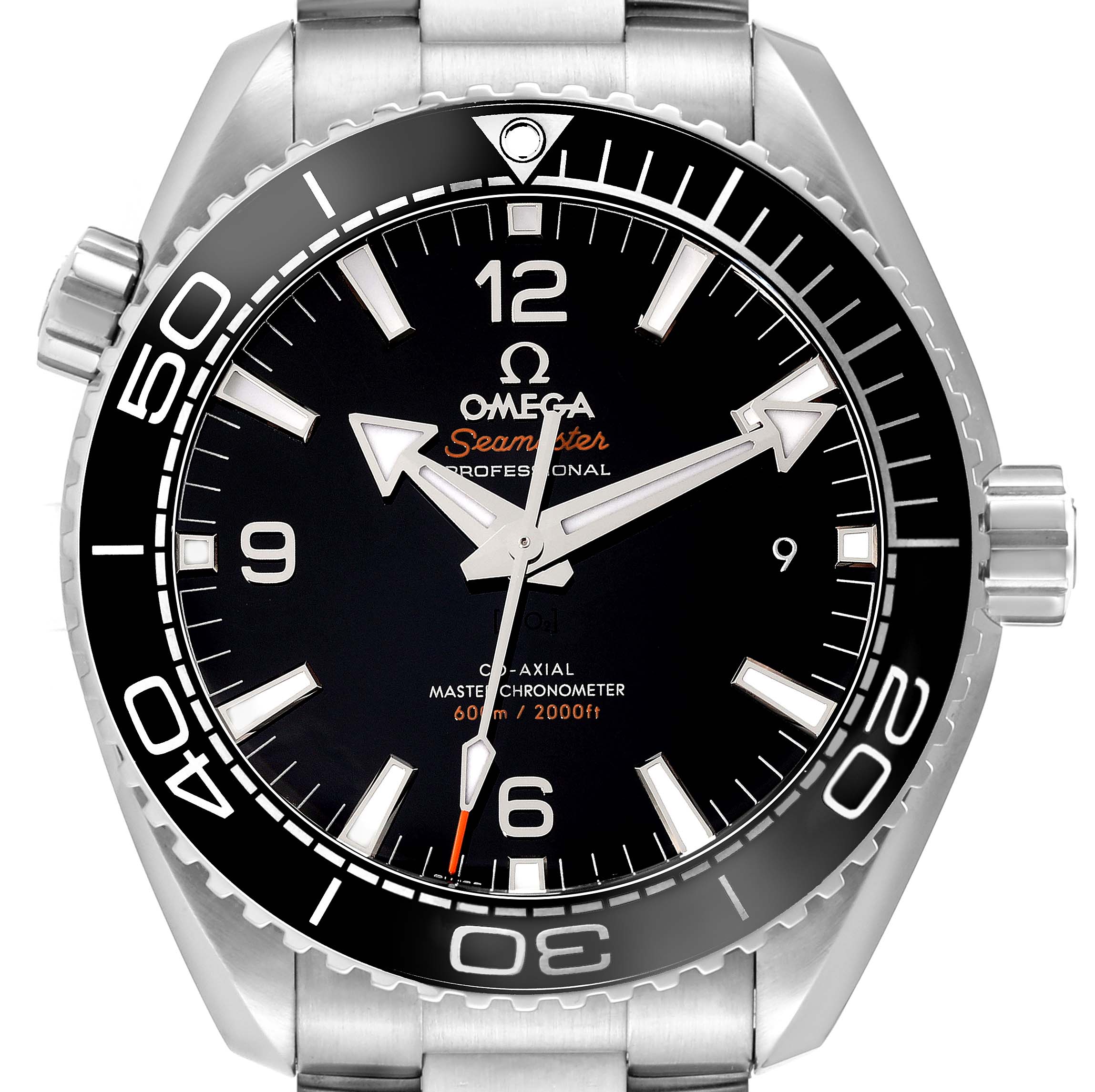 This image shows a front view of an Omega Planet Ocean 215.30.44.21.01.001 Men
s Stainless Steel Black Dial 215.30.44.21.01.001 Men
s Stainless Steel Black Dial Seamaster watch, highlighting the dial, bezel, and bracelet.