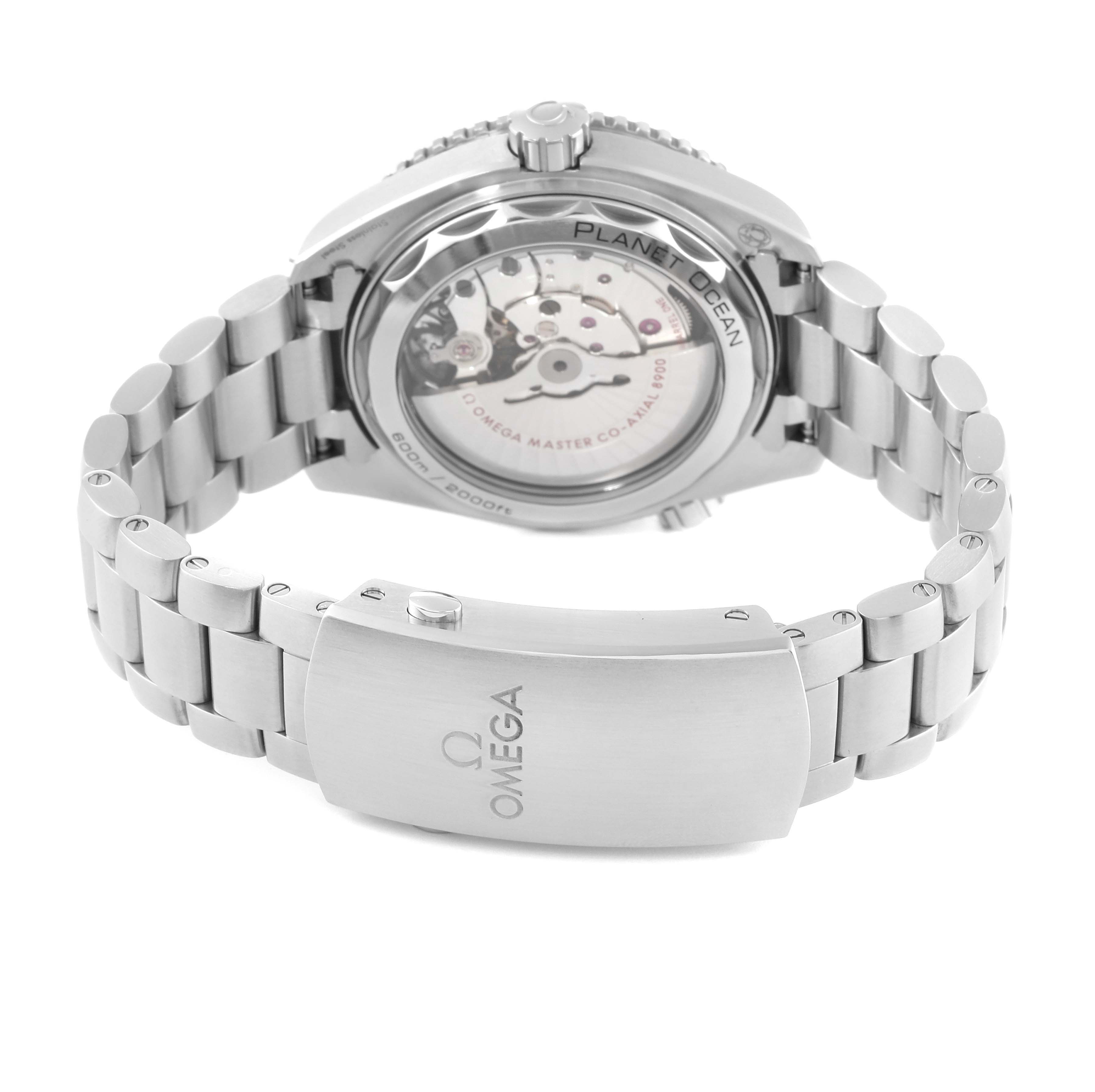 The image shows the back view of an Omega Planet Ocean 215.30.44.21.01.001 Men
s Stainless Steel Black Dial 215.30.44.21.01.001 Men
s Stainless Steel Black Dial watch, highlighting the stainless steel bracelet and open case back.