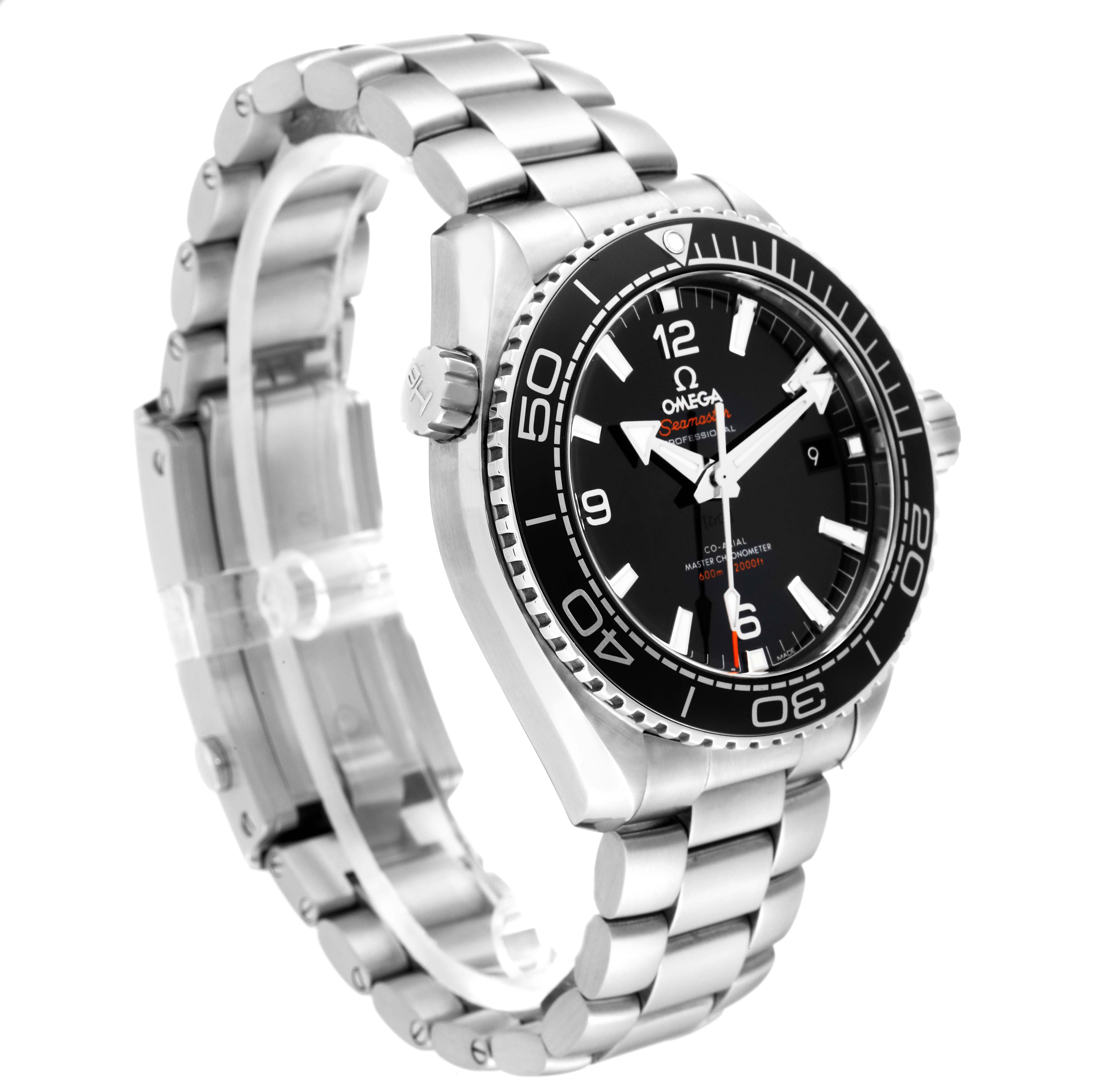 The image shows a side angle view of an Omega Planet Ocean 215.30.44.21.01.001 Men
s Stainless Steel Black Dial 215.30.44.21.01.001 Men
s Stainless Steel Black Dial watch, highlighting its bezel, dial, and metal bracelet.