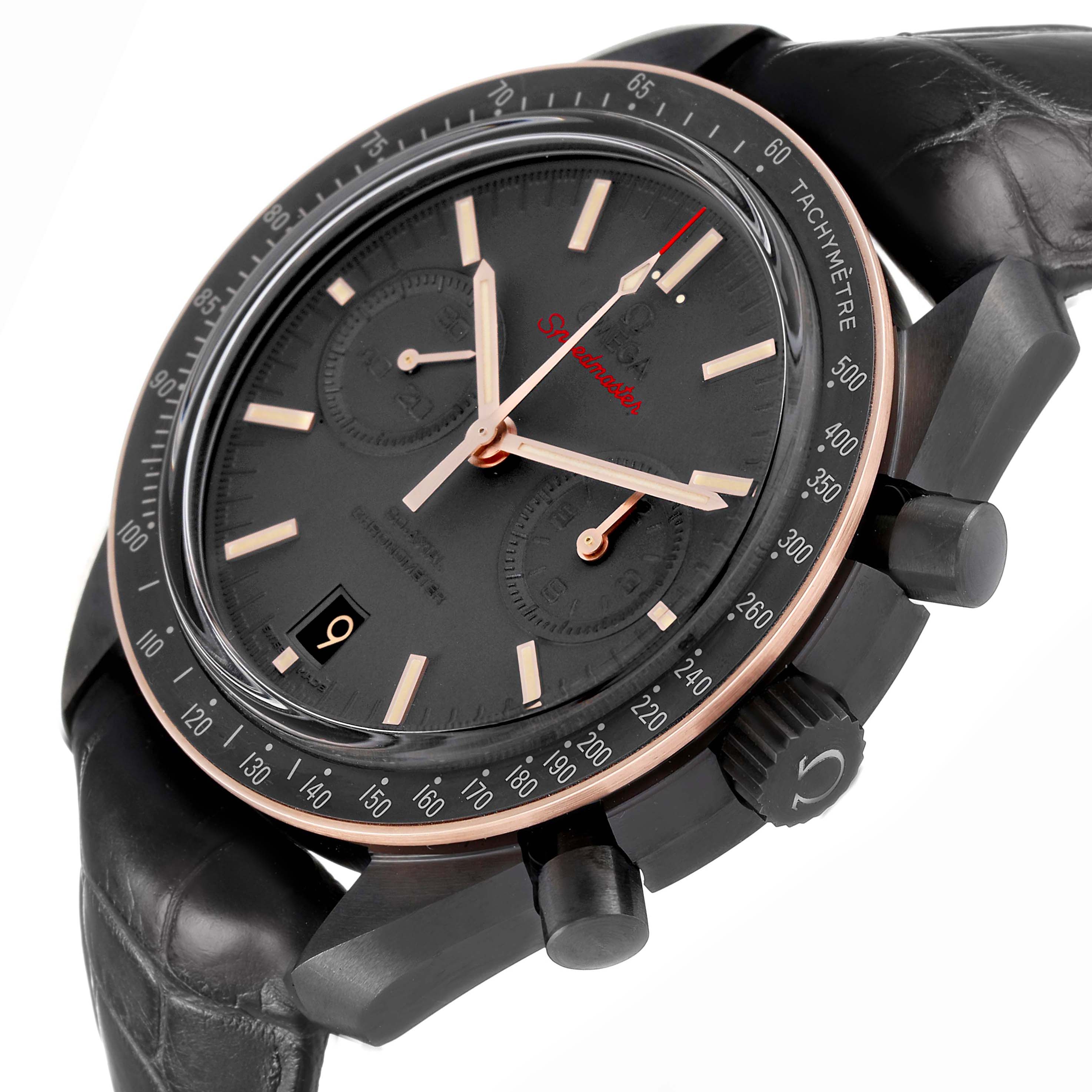 The Omega Speedmaster 311.63.44.51.06.001 Men
s Ceramic Black Dial watch is shown at an angled view, highlighting its dial, bezel, crown, and pushers.