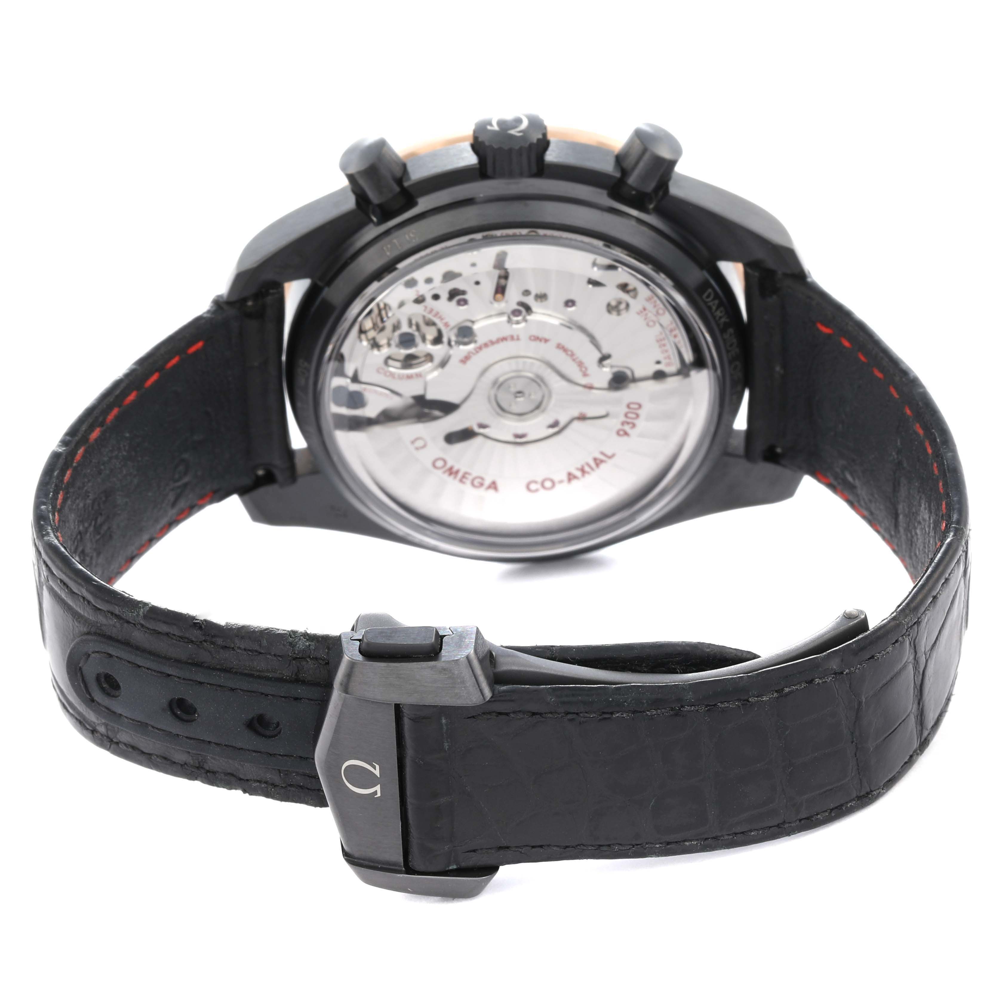 The Omega Speedmaster 311.63.44.51.06.001 Men
s Ceramic Black Dial is shown from the back, displaying its see-through case back and leather strap with a clasp.