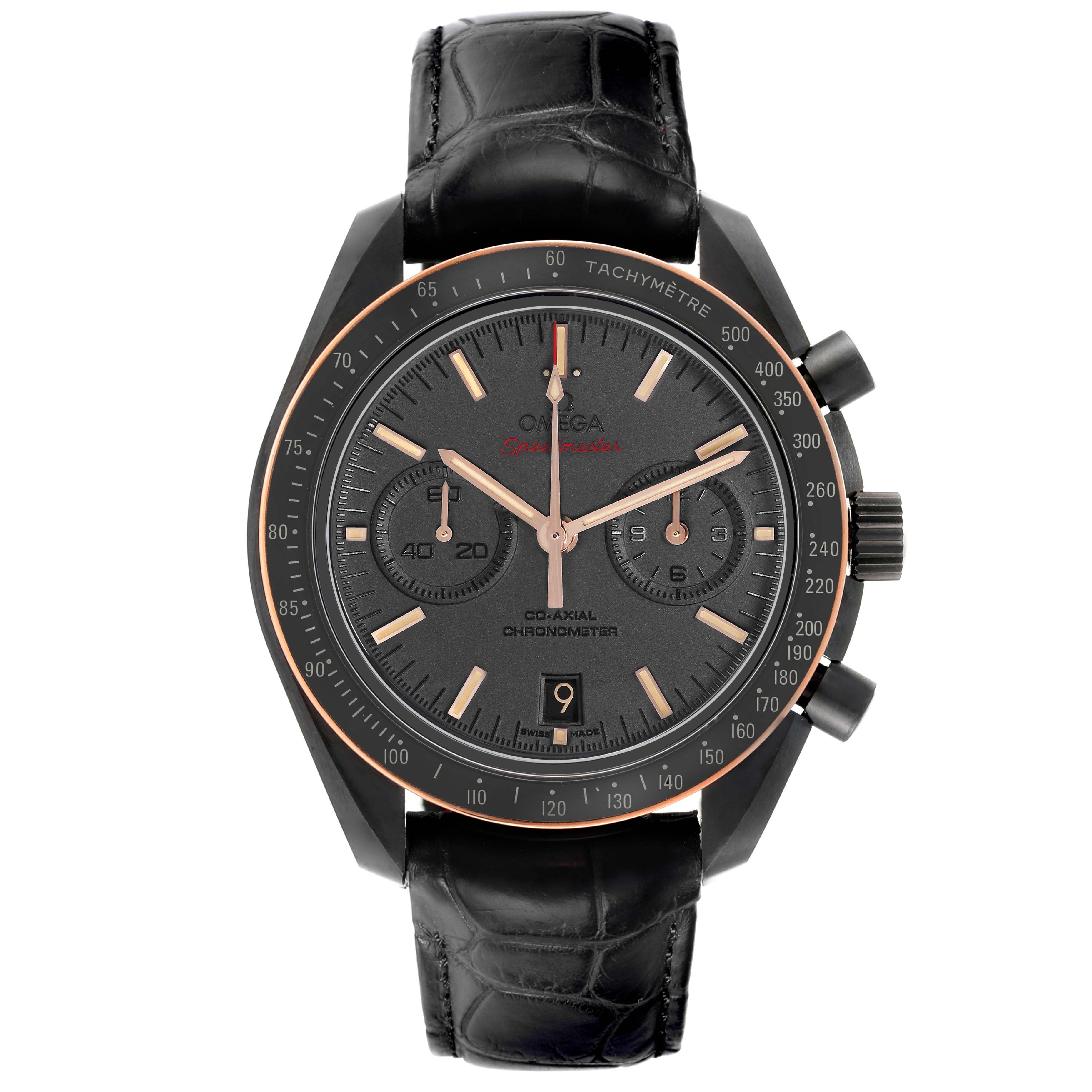 The Omega Speedmaster 311.63.44.51.06.001 Men
s Ceramic Black Dial watch is shown from a frontal angle, displaying the dial, chronograph sub-dials, and tachymeter bezel.