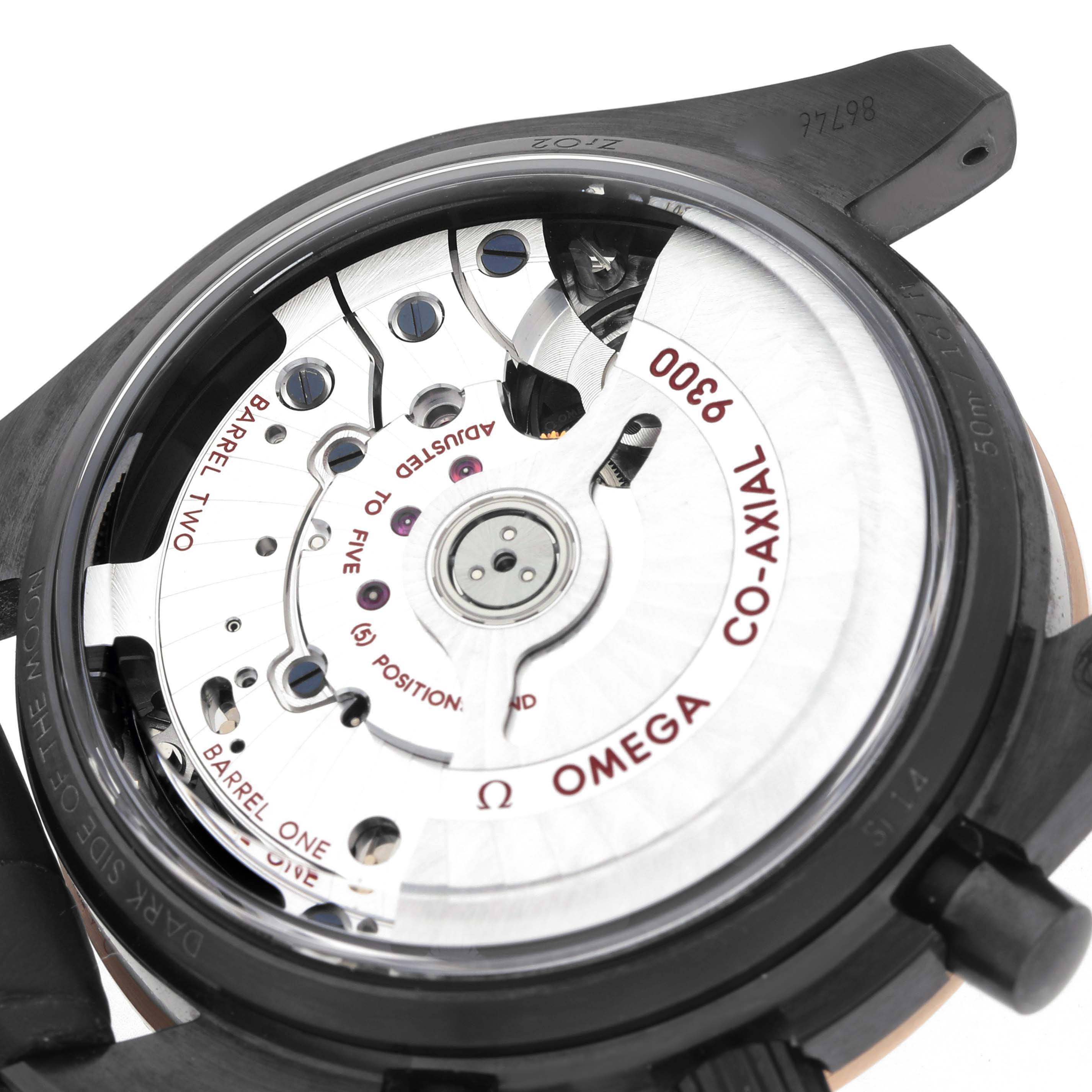 The image shows the back view of an Omega Speedmaster 311.63.44.51.06.001 Men
s Ceramic Black Dial, highlighting its Co-Axial 9300 movement mechanism.