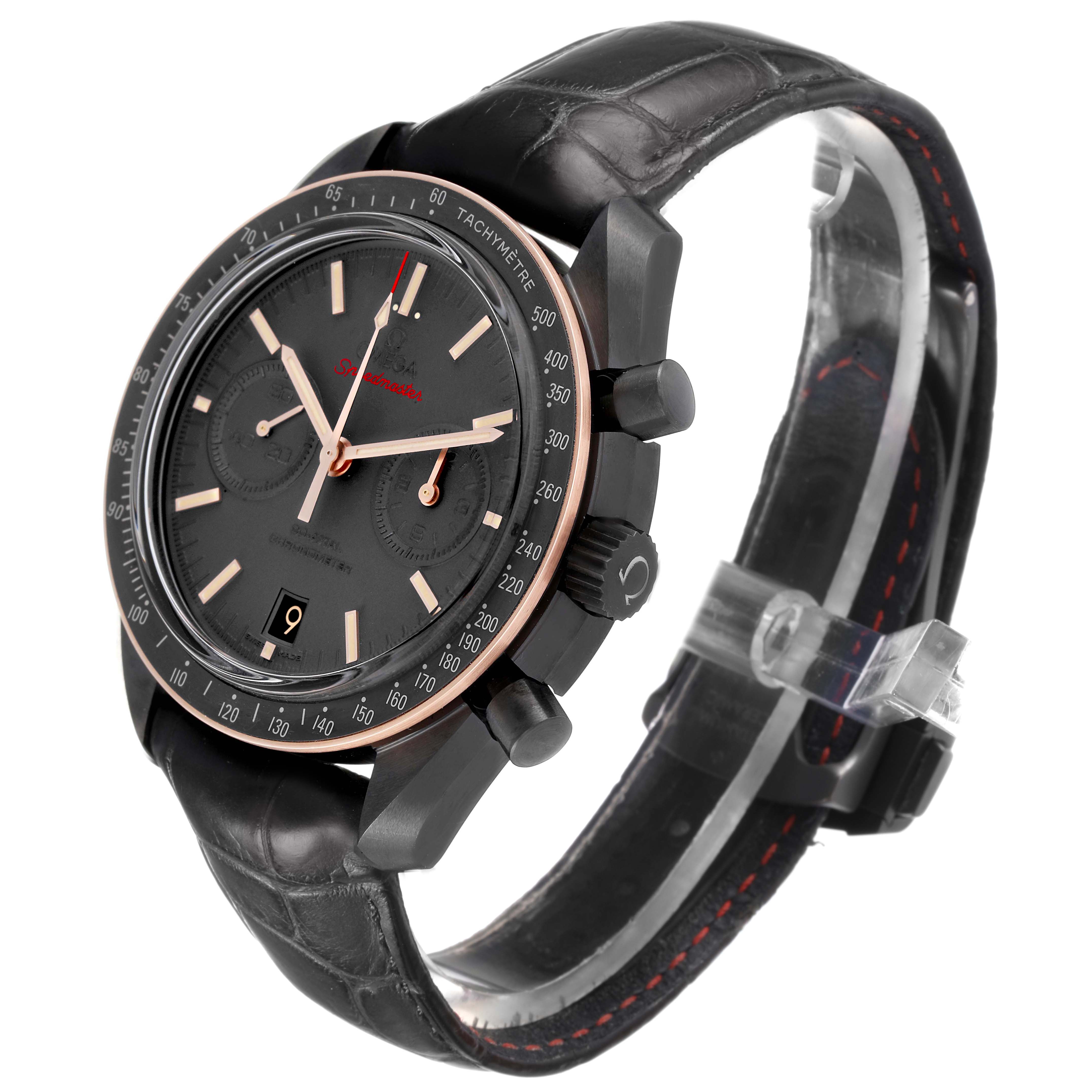 The Omega Speedmaster 311.63.44.51.06.001 Men
s Ceramic Black Dial watch is shown at a three-quarter angle, highlighting the face, bezel, strap, and side pushers.