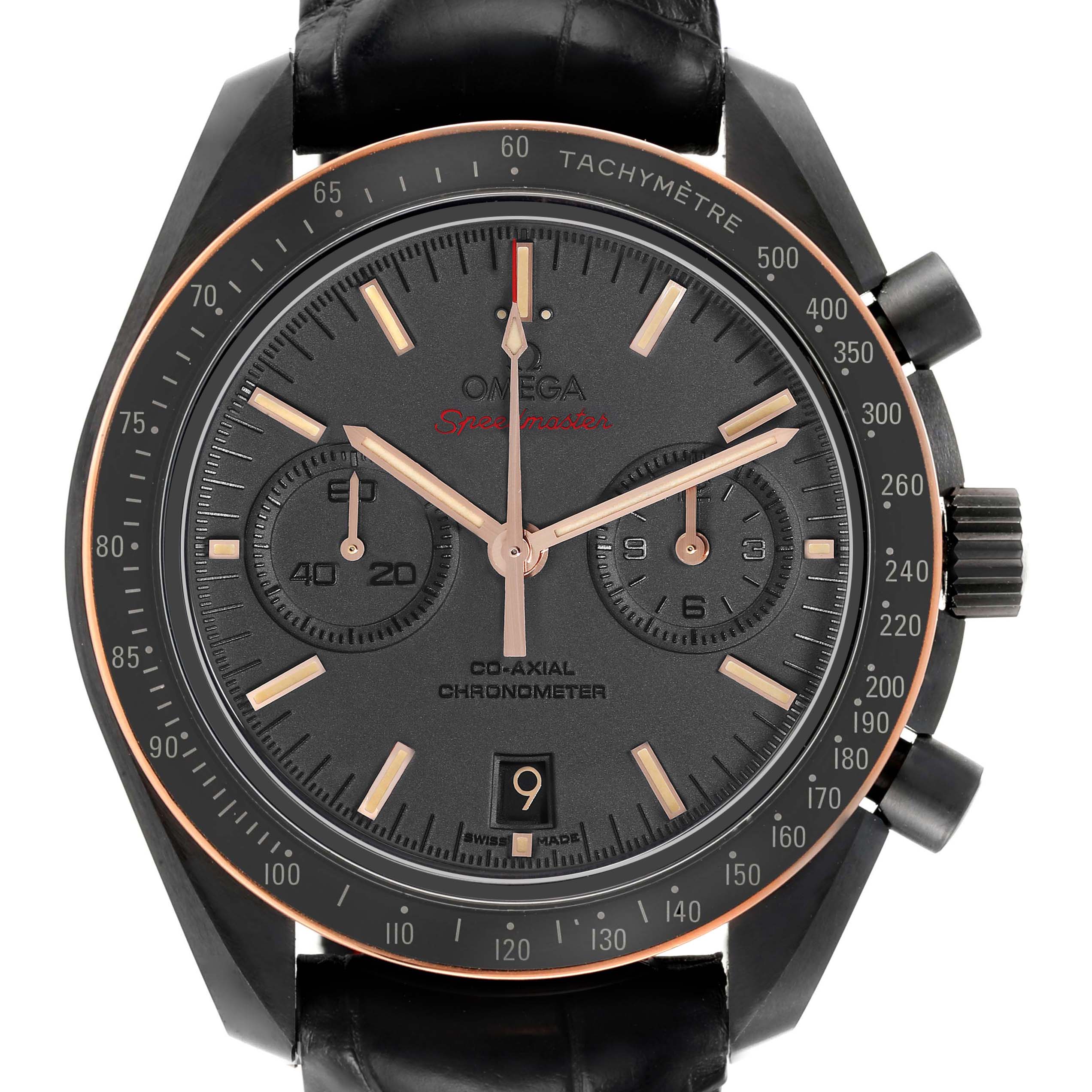 The Omega Speedmaster 311.63.44.51.06.001 Men
s Ceramic Black Dial watch is shown from the front, displaying the dial, subdials, and tachymeter bezel.