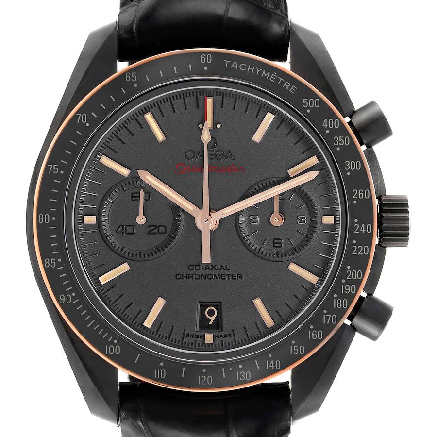The Omega Speedmaster 311.63.44.51.06.001 Men's Ceramic Black Dial watch is shown from the front, displaying the dial, subdials, and tachymeter bezel.