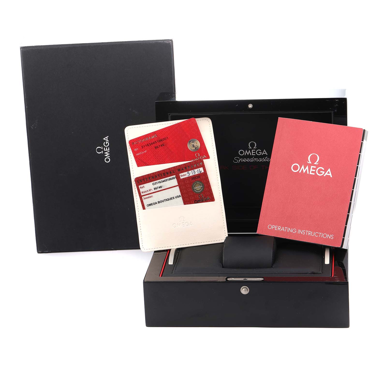 The image shows Omega Speedmaster 311.63.44.51.06.001 Men
s Ceramic Black Dial packaging, warranty cards, and an operating manual, with the watch not visible.