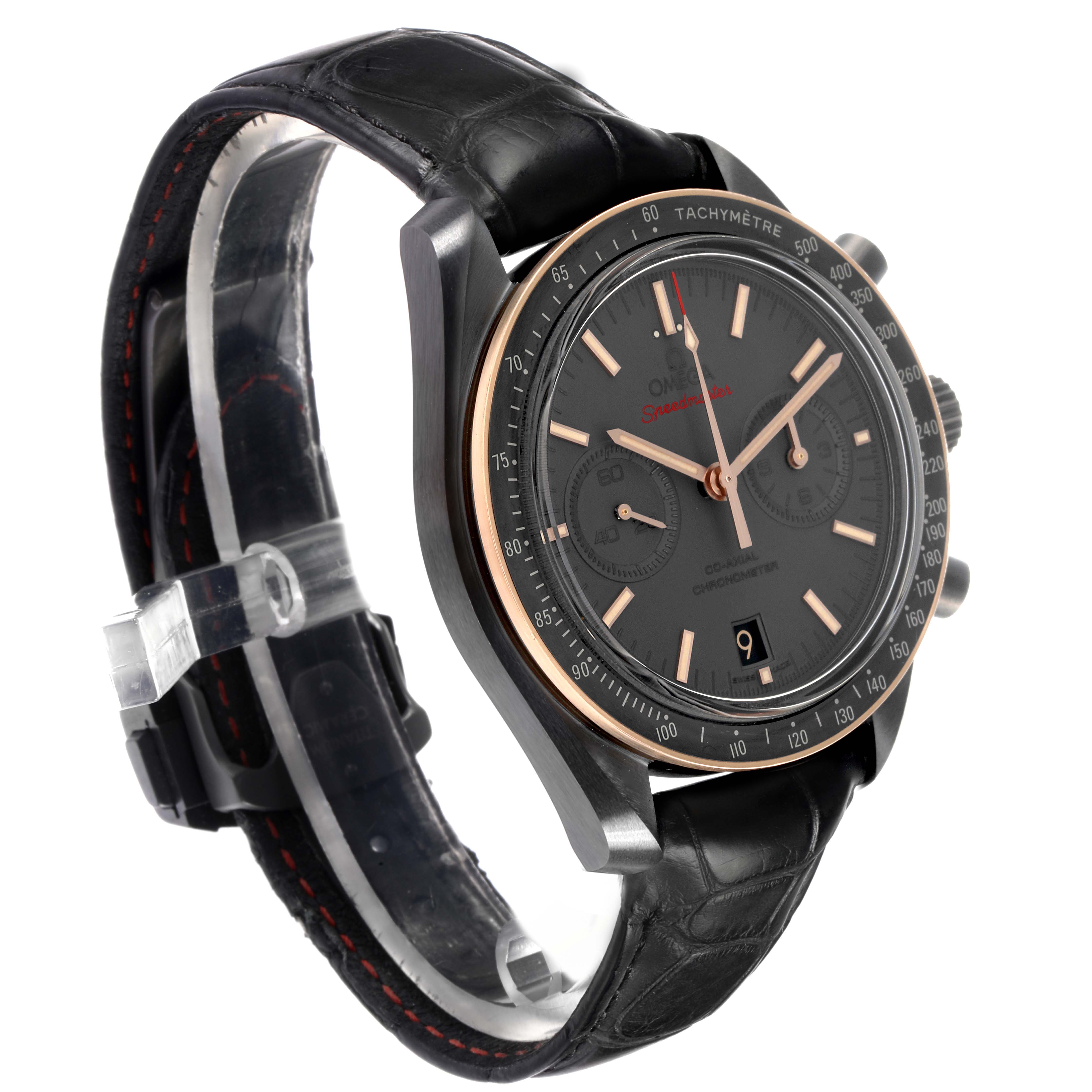 The Omega Speedmaster 311.63.44.51.06.001 Men
s Ceramic Black Dial watch is shown at a three-quarter angle, highlighting the face, bezel, crown, and leather strap.