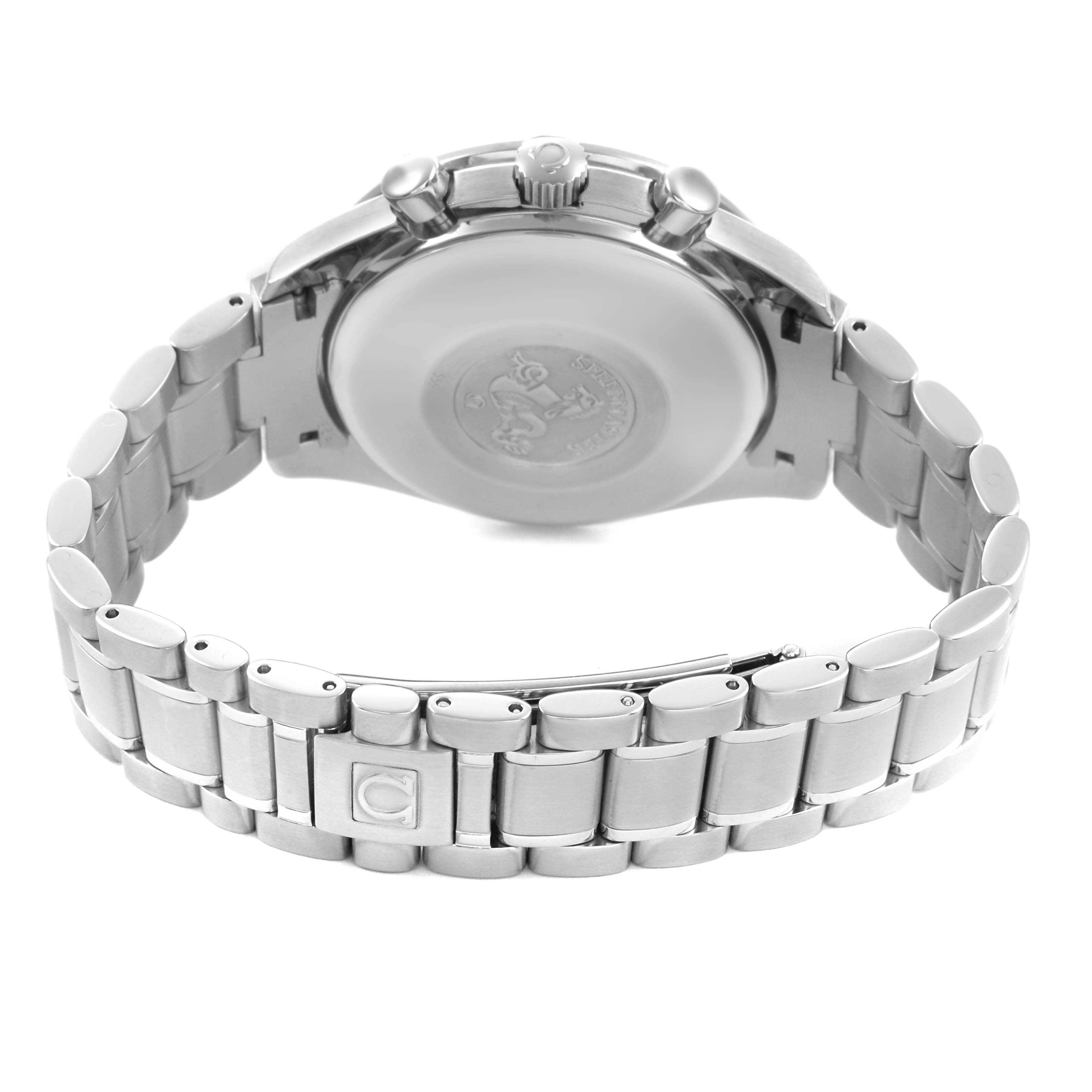 The image shows the back case and bracelet of an Omega Speedmaster 3520.50.00 Men's Stainless Steel Black Dial, focusing on its clasp and links.