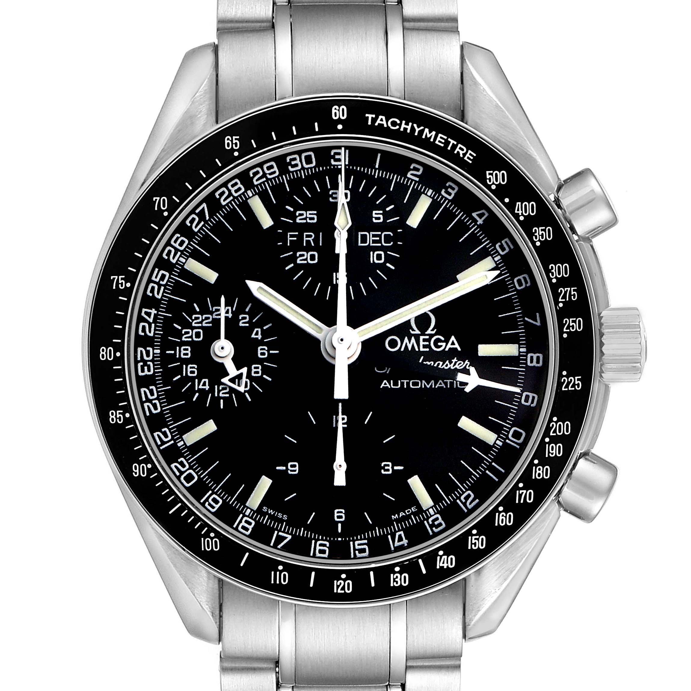 The Omega Speedmaster 3520.50.00 Men's Stainless Steel Black Dial watch is shown from the front, displaying its dial, tachymeter, and metal bracelet.