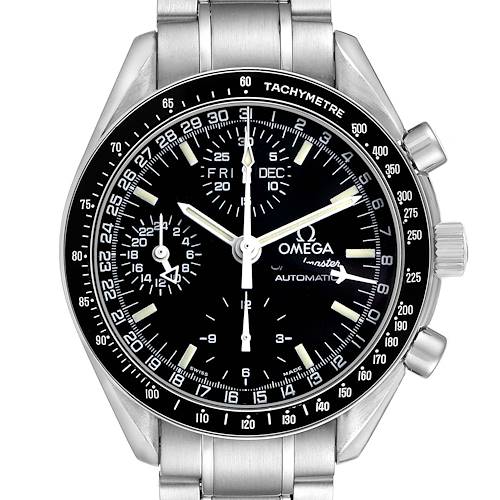 The Omega Speedmaster 3520.50.00 Men's Stainless Steel Black Dial watch is shown from the front, displaying the dial, bezel, and part of the bracelet.