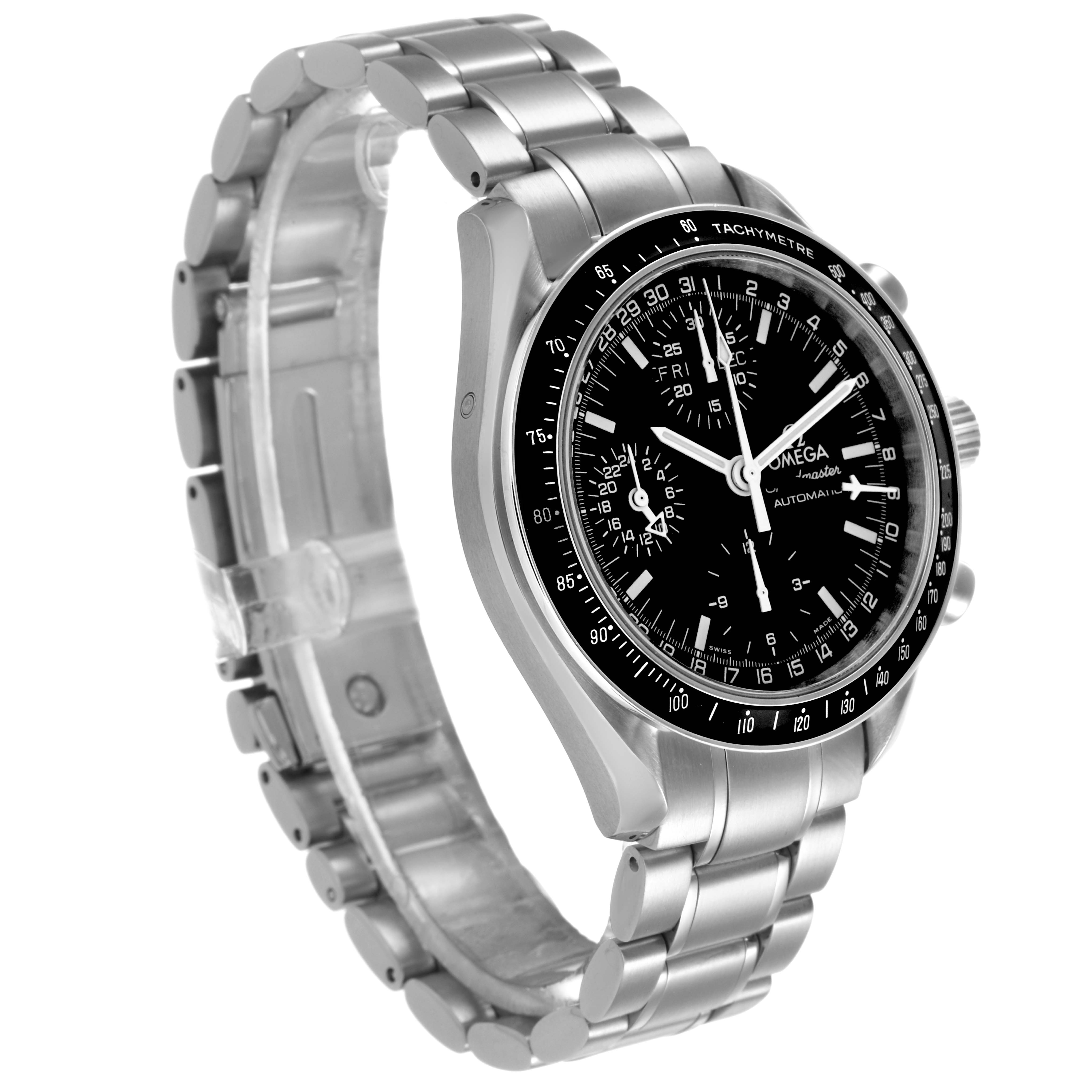 The Omega Speedmaster 3520.50.00 Men's Stainless Steel Black Dial watch is shown at a three-quarter angle, highlighting its face, tachymeter bezel, and metal bracelet.