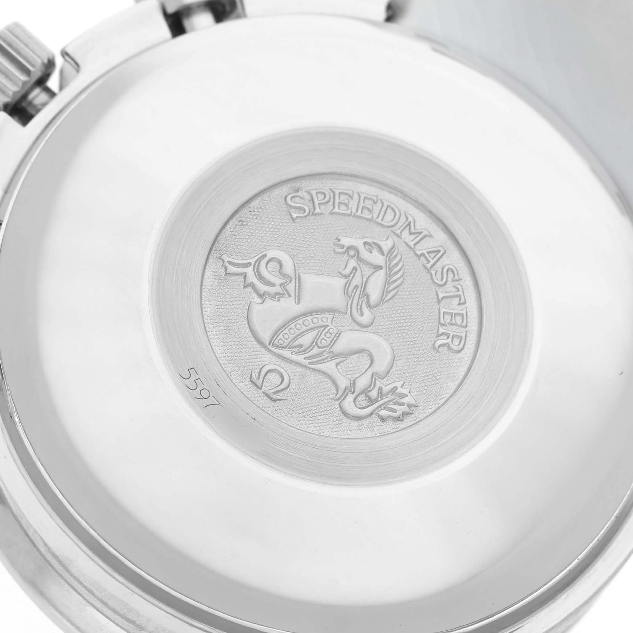 The image shows the case back of the Omega Speedmaster 3520.50.00 Men's Stainless Steel Black Dial, featuring engraved branding and a seahorse emblem.