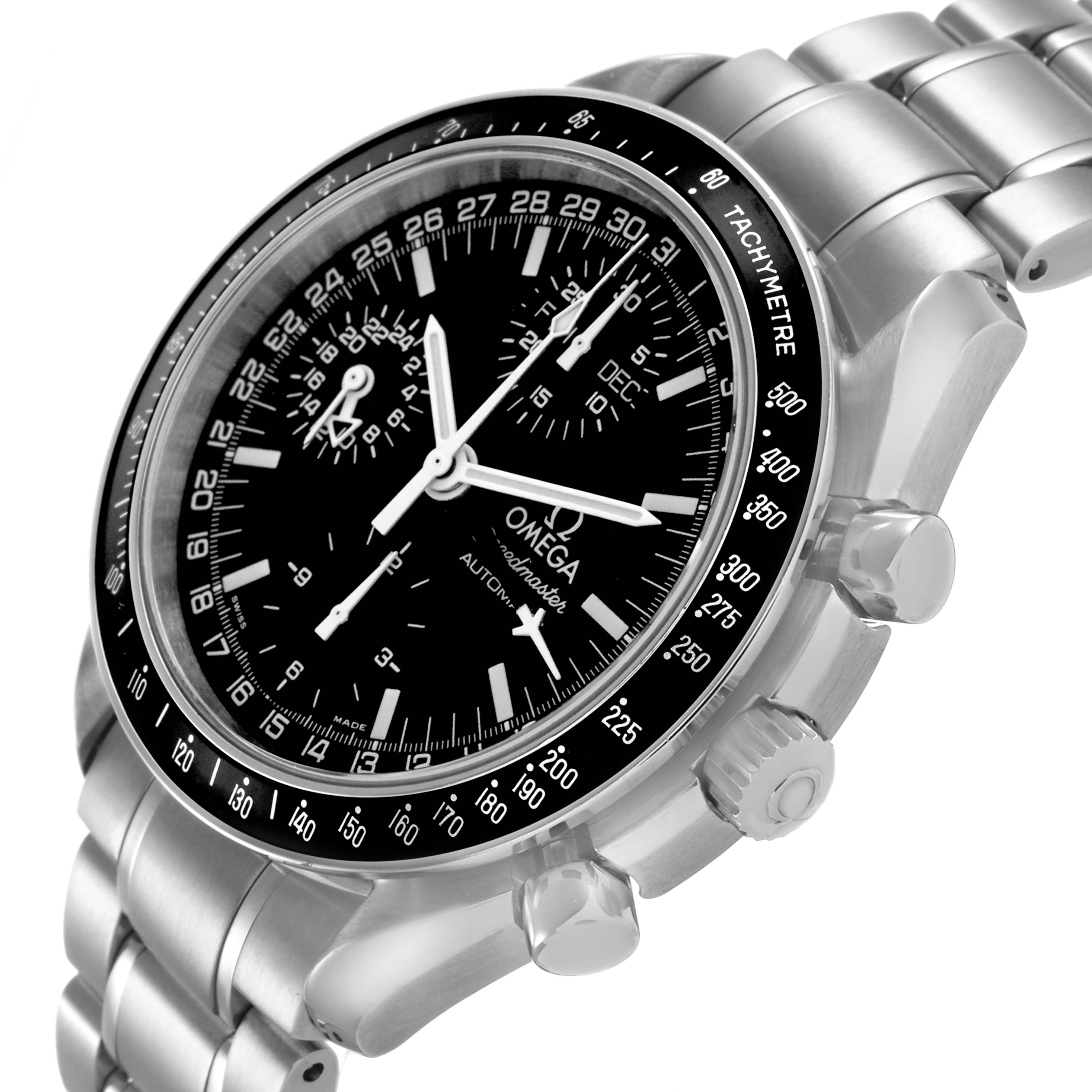 The Omega Speedmaster 3520.50.00 Men's Stainless Steel Black Dial watch is shown at a three-quarter angle, highlighting the dial, bezel, pushers, and bracelet.