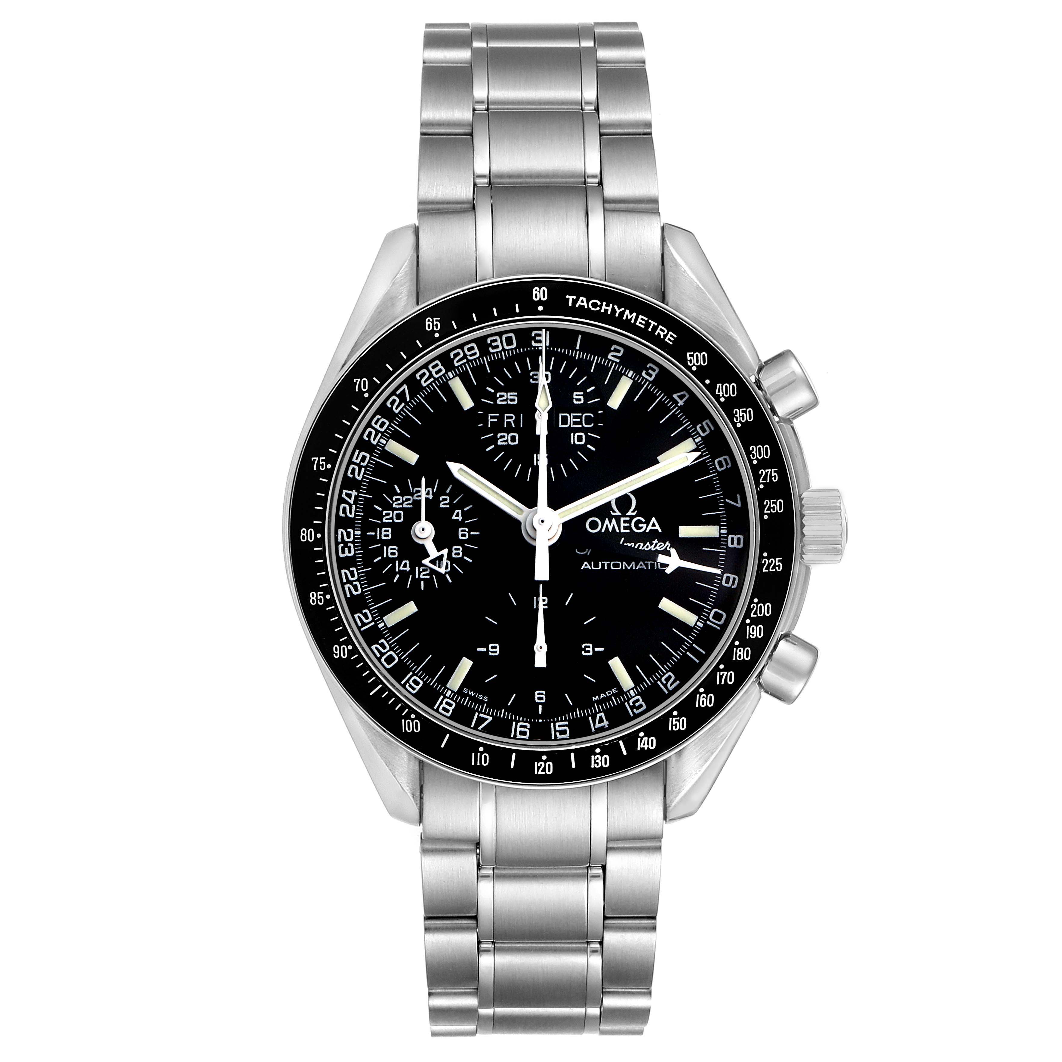 The Omega Speedmaster 3520.50.00 Men's Stainless Steel Black Dial watch is shown from the front, displaying the face, bezel, bracelet, and side pushers.