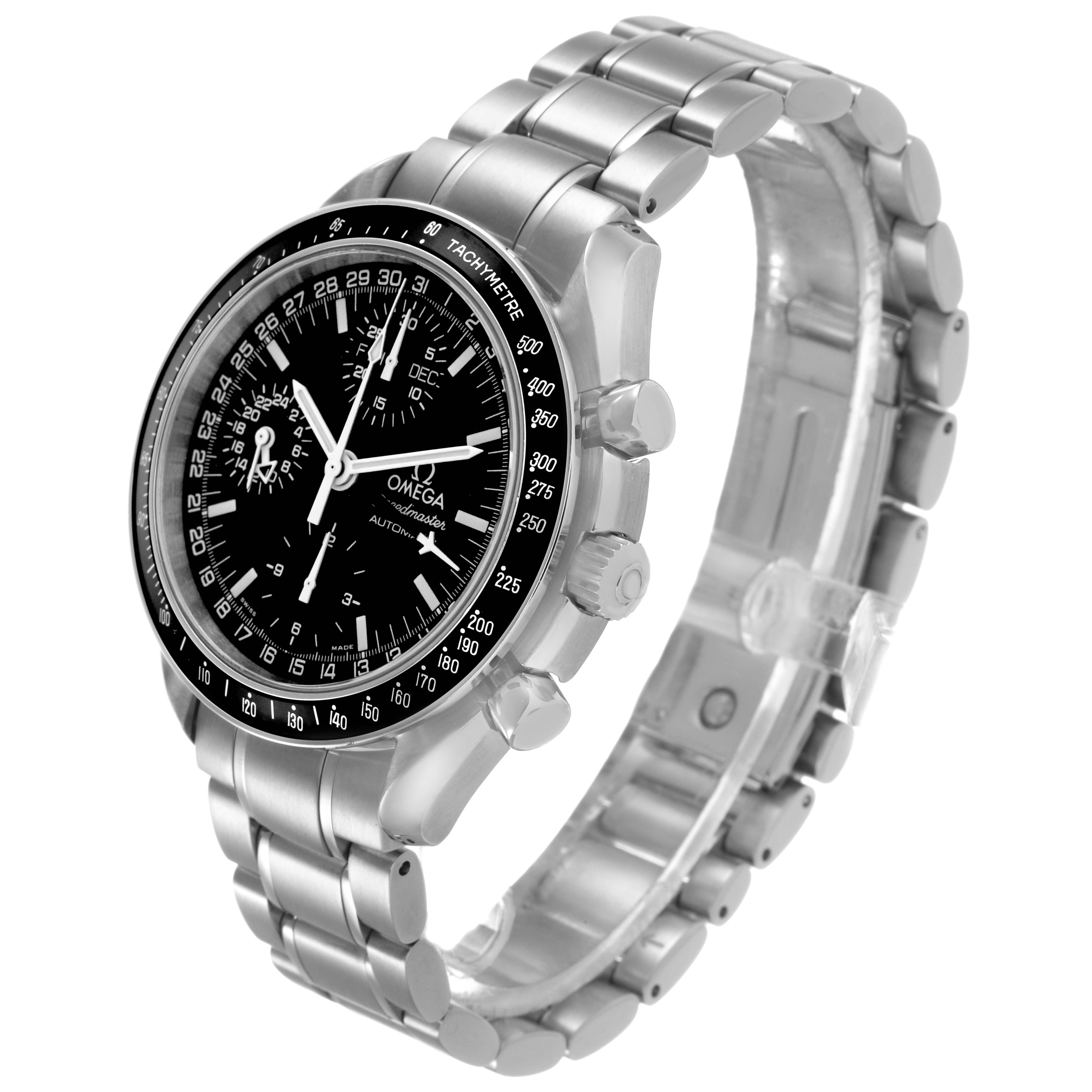 The Omega Speedmaster 3520.50.00 Men's Stainless Steel Black Dial watch is shown at a three-quarter angle, displaying the face, bezel, crown, and part of the bracelet.
