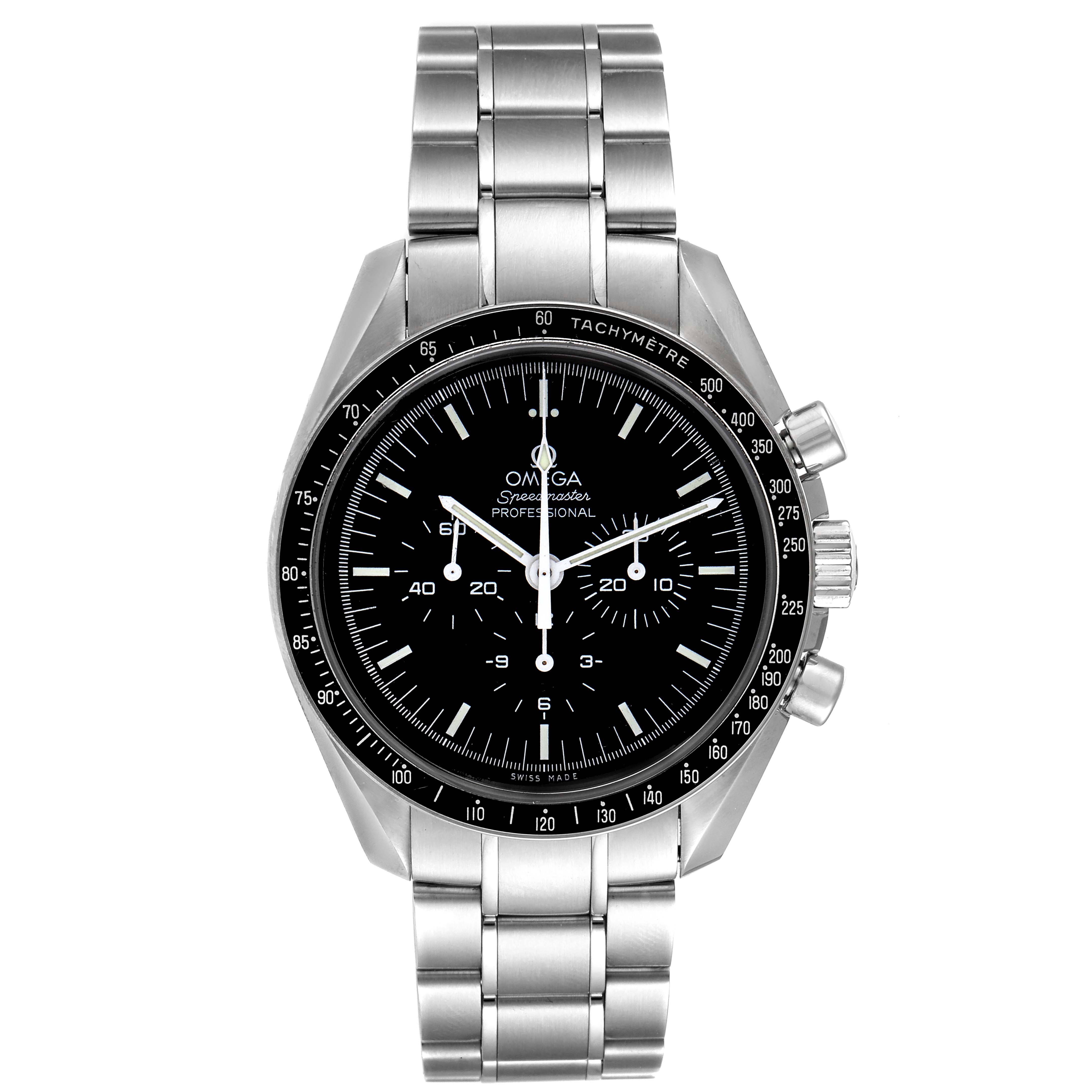 The image shows a front angle of the Omega Speedmaster 311.30.42.30.01.005 Men
s Stainless Steel Black Dial 311.30.42.30.01.005 Men
s Stainless Steel Black Dial watch, displaying its black dial, chronograph subdials, and stainless steel bracelet.